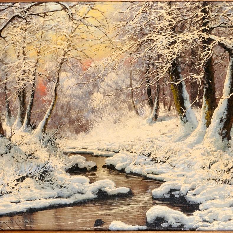 Painted 20th C. Impasto Sundown After the Snow, A Winter Landscape - László Neogrády