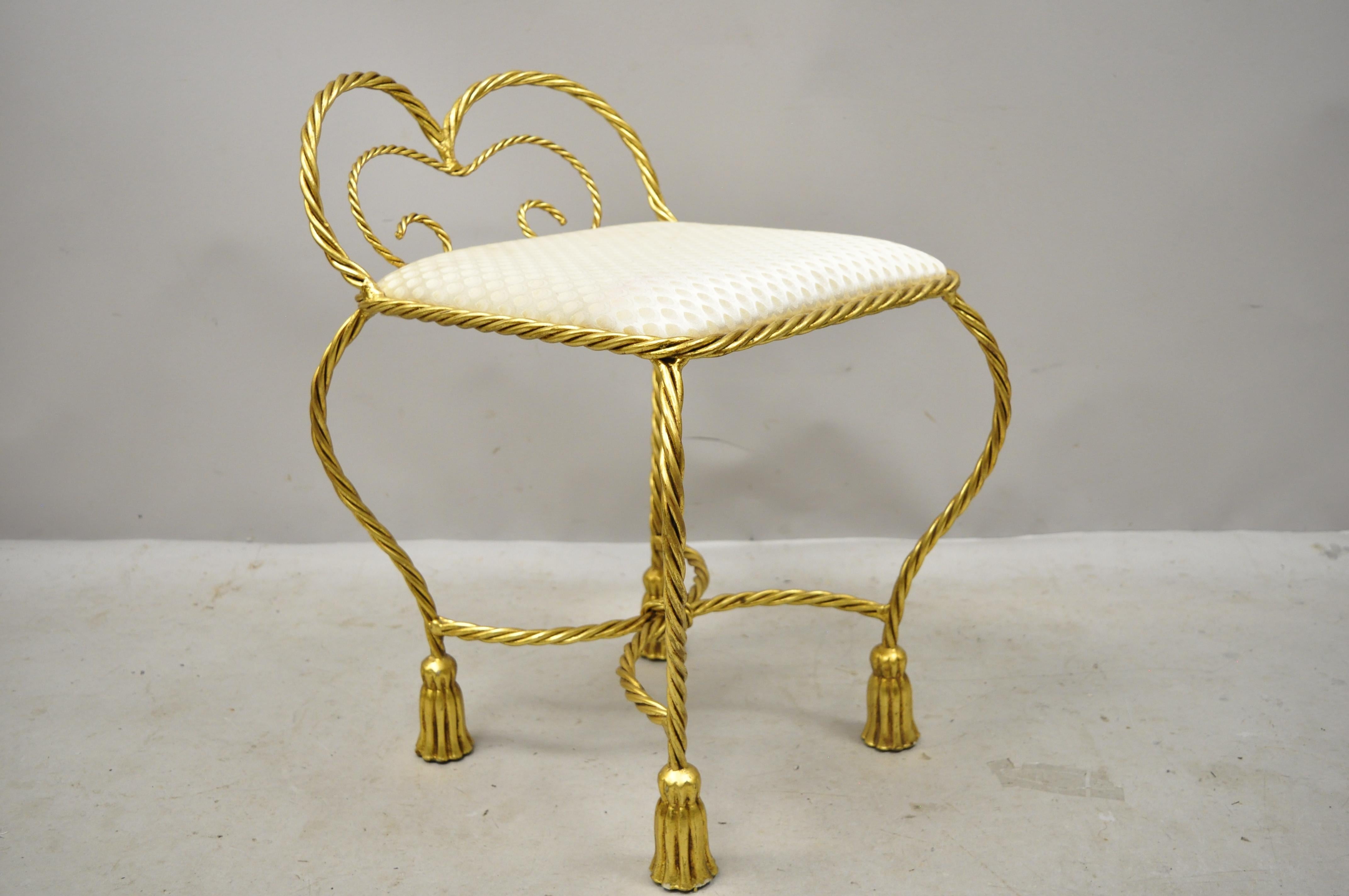 20th Century Hollywood Regency Gold Gilt Iron Rope Tassel Small Vanity Chair 5