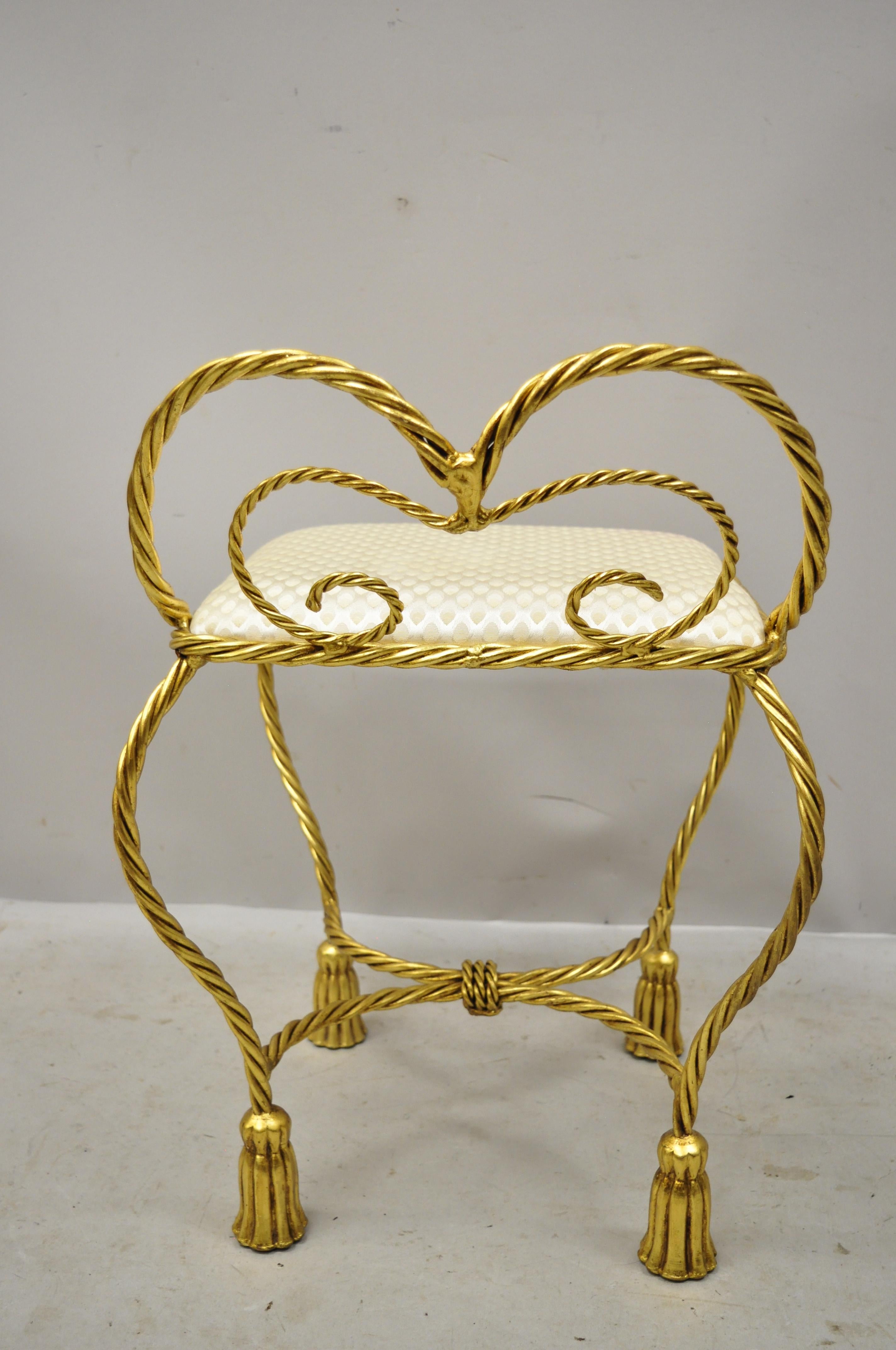 20th Century Hollywood Regency Gold Gilt Iron Rope Tassel Small Vanity Chair 3
