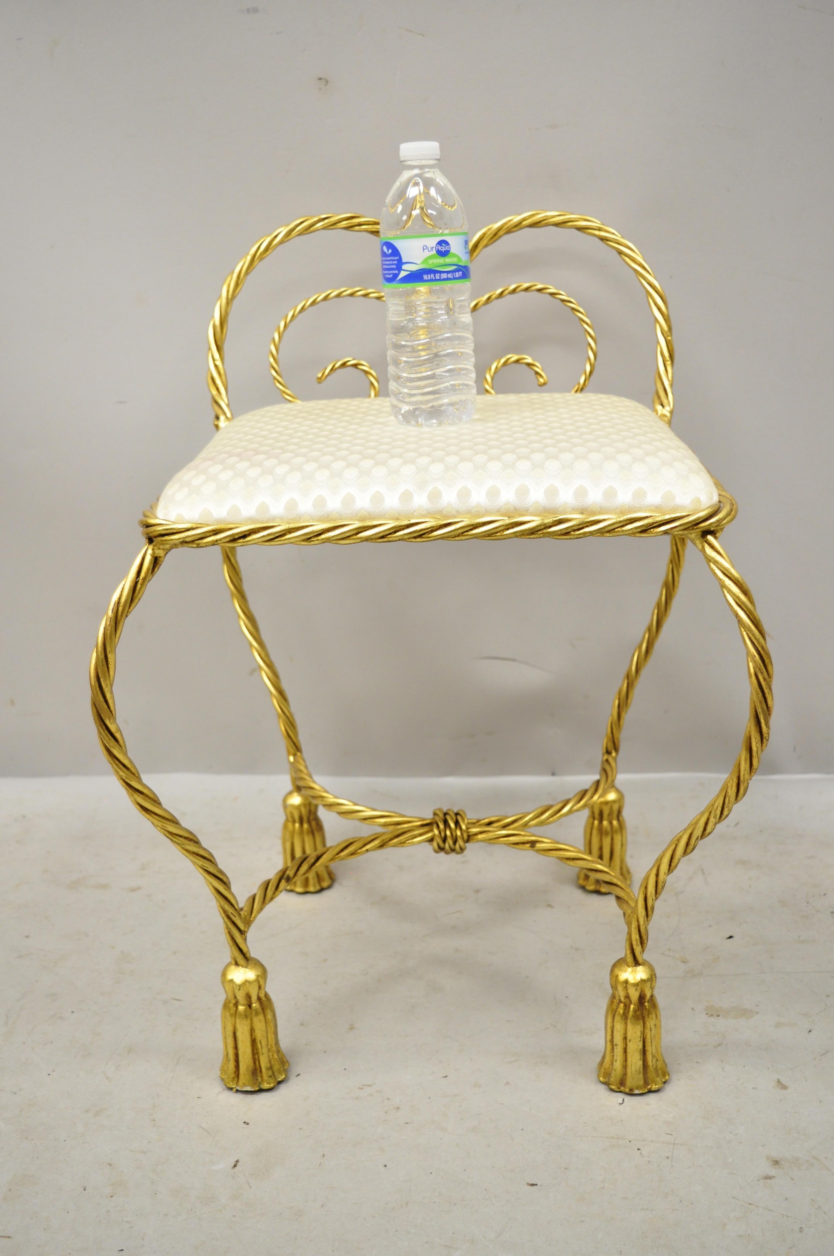 20th Century Hollywood Regency Gold Gilt Iron Rope Tassel Small Vanity Chair 4
