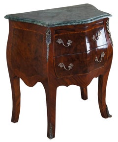 20th C. Italian Louis XV Mahogany & Burl Serpentine Marble Bombe Commode Chest