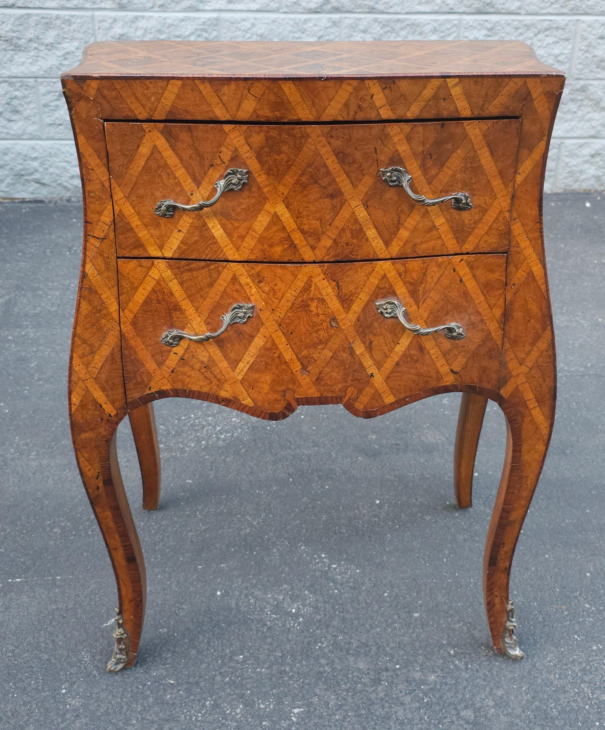 20th C. Italian Parquetry and Marquetry Petite Bombay Chest Commode Side Table For Sale 4