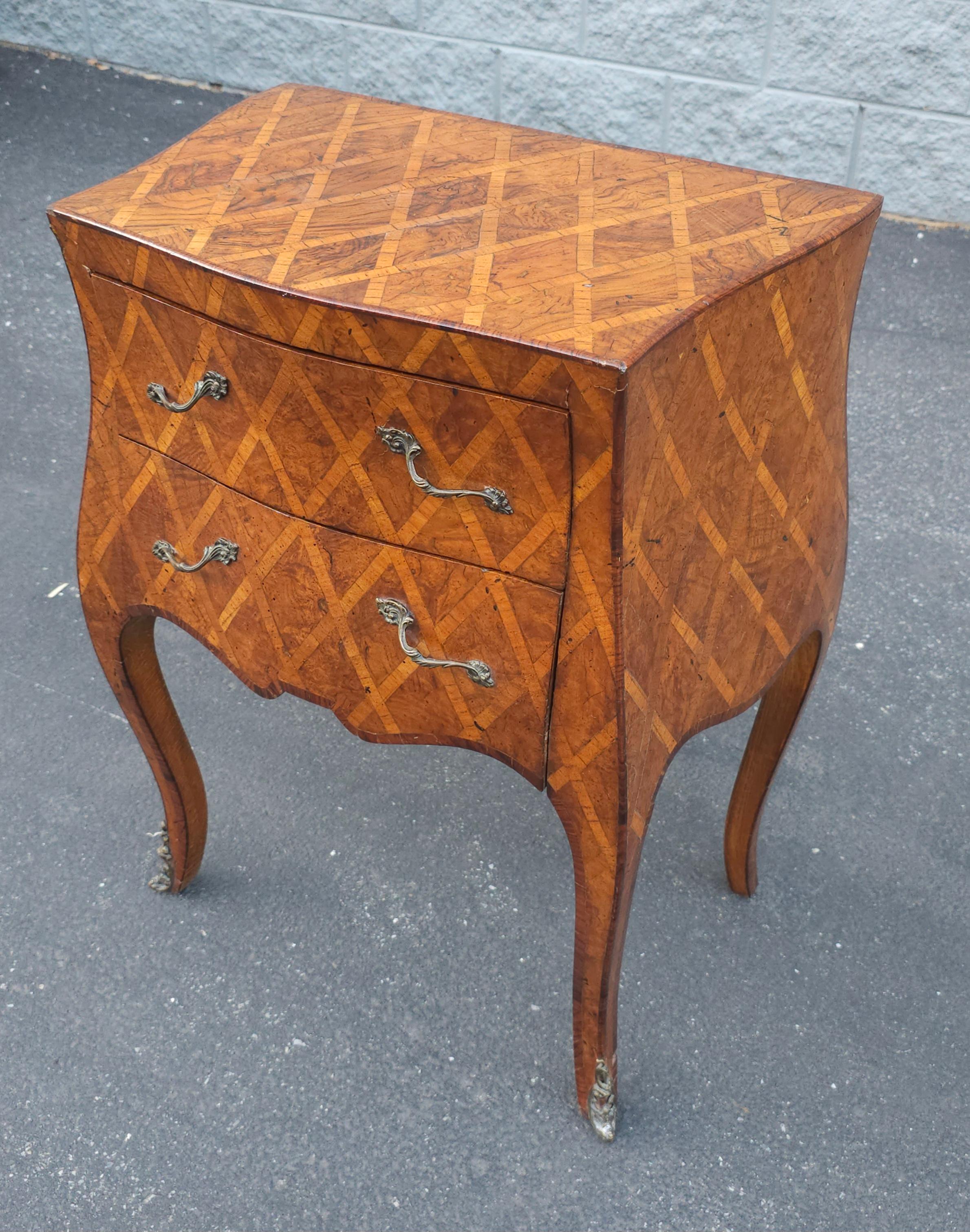  Mid 20th Century Italian Parquetry and Marquetry 2- drawer Petite Bombay chest Commode / side table in beautiful vintage condition. The surface of this beautiful, Italian bombe chest is like quilt of different wood grains—curly, straight,