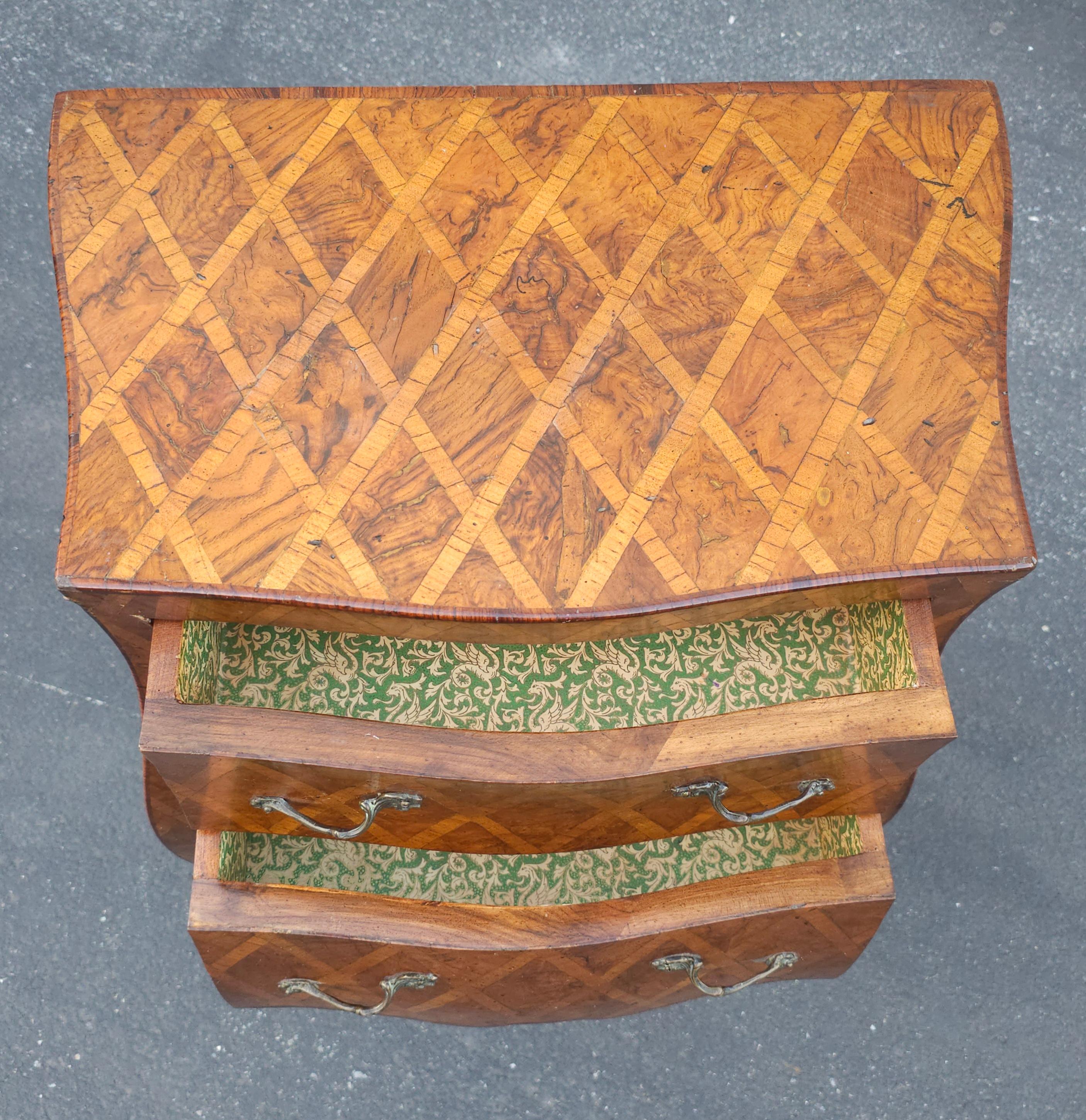20th C. Italian Parquetry and Marquetry Petite Bombay Chest Commode Side Table For Sale 2