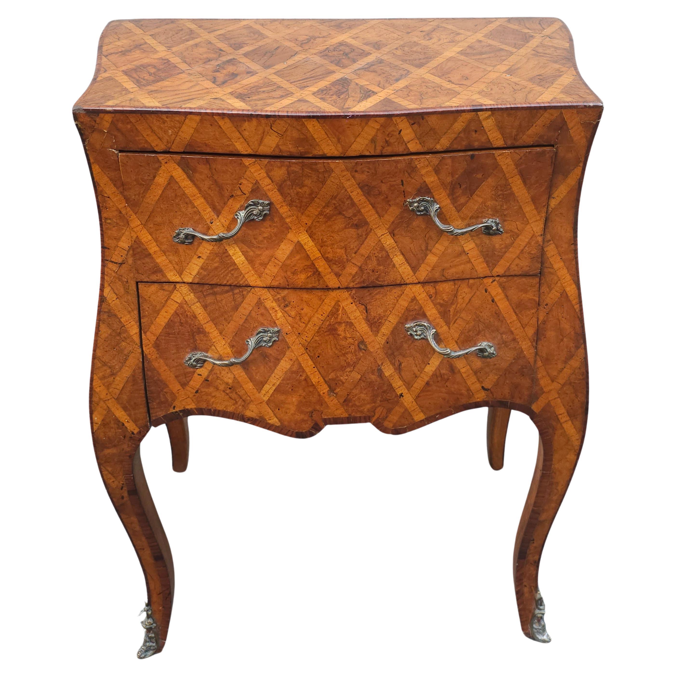 20th C. Italian Parquetry and Marquetry Petite Bombay Chest Commode Side Table