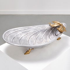 20th C. Italian Pewter and Brass Shell Centerpiece Bowl with Koi & Dolphin Motif