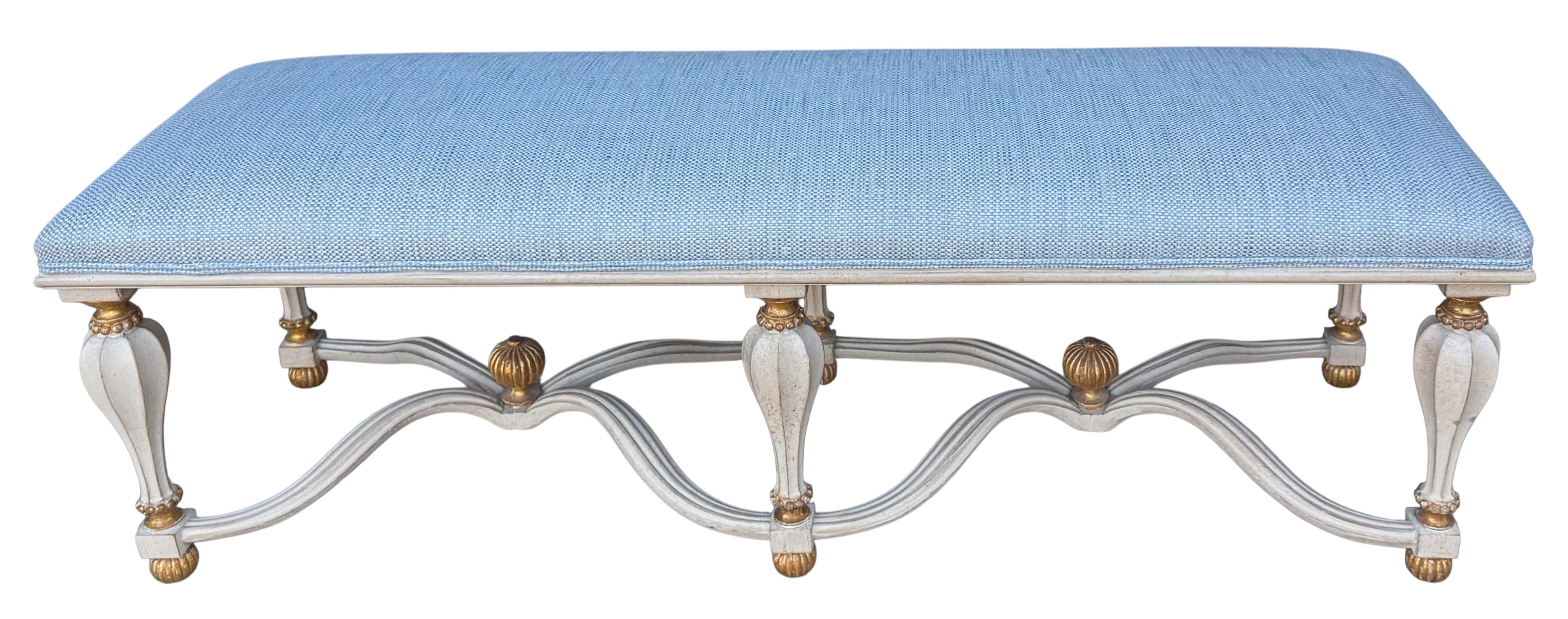 20th-C. Italian Rococo Style Carved & Painted Giltwood Six Leg Bench / Ottoman For Sale 4