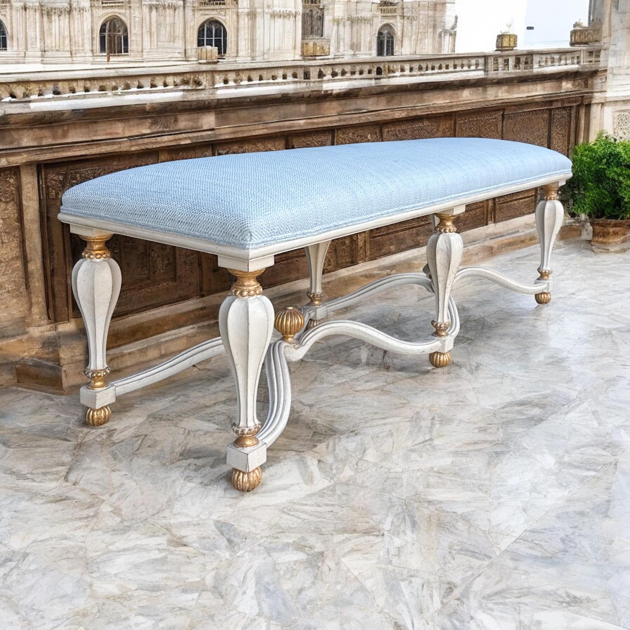Rococo Revival 20th-C. Italian Rococo Style Carved & Painted Giltwood Six Leg Bench / Ottoman For Sale