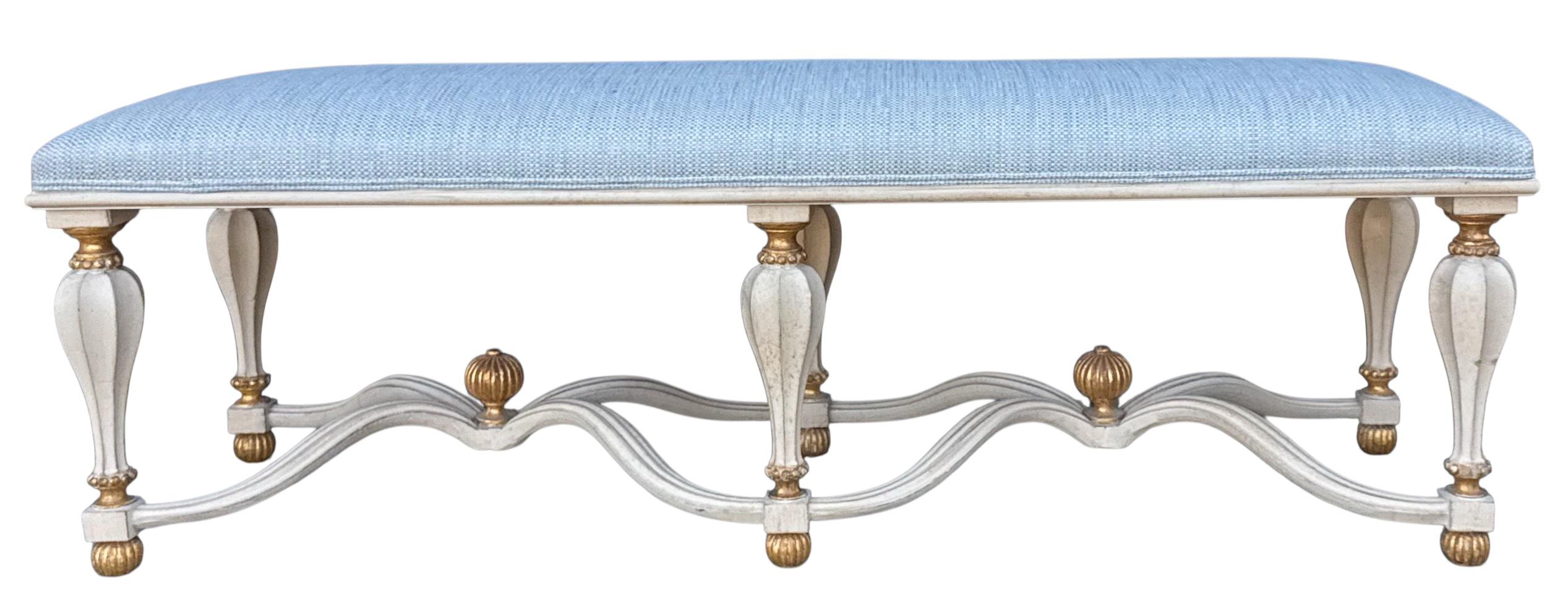 20th-C. Italian Rococo Style Carved & Painted Giltwood Six Leg Bench / Ottoman In Good Condition For Sale In Kennesaw, GA