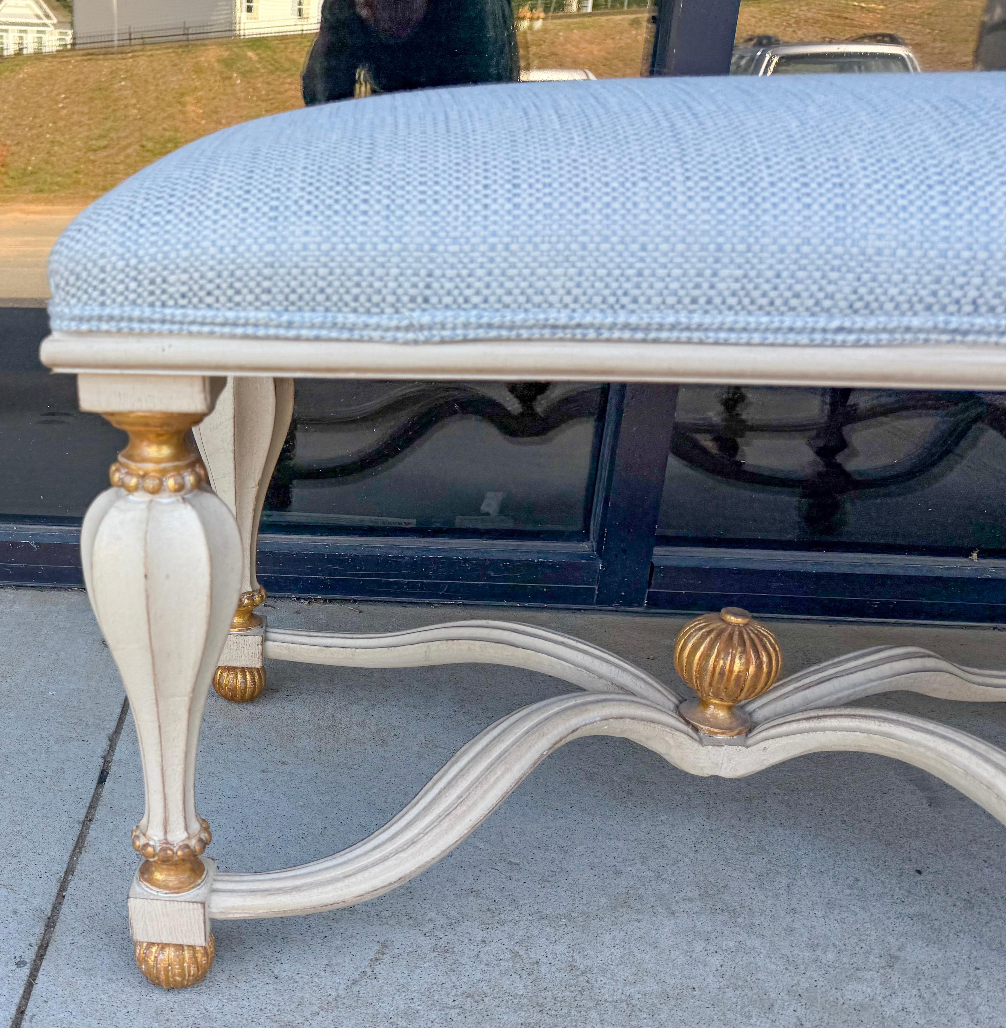 20th Century 20th-C. Italian Rococo Style Carved & Painted Giltwood Six Leg Bench / Ottoman For Sale