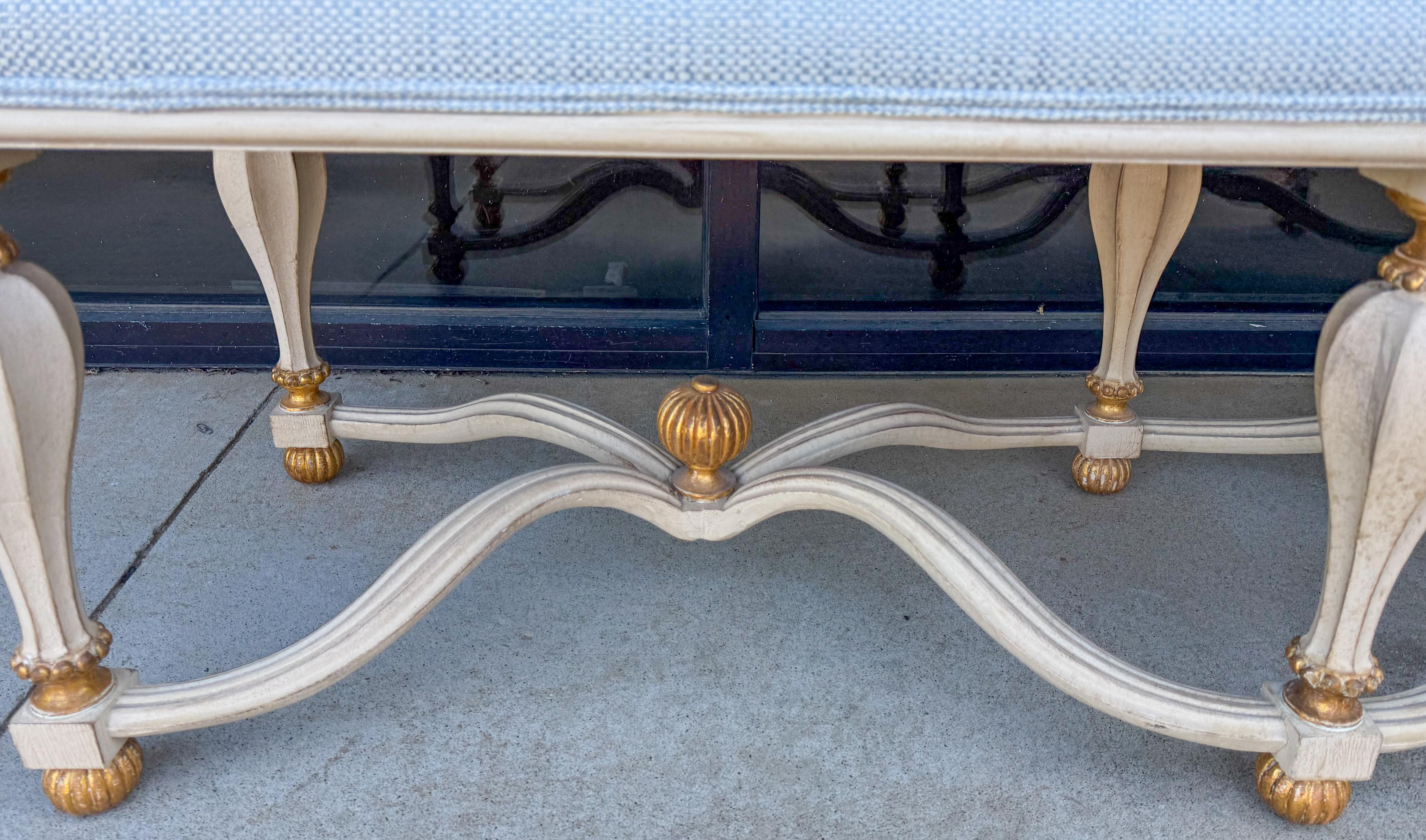 Upholstery 20th-C. Italian Rococo Style Carved & Painted Giltwood Six Leg Bench / Ottoman For Sale
