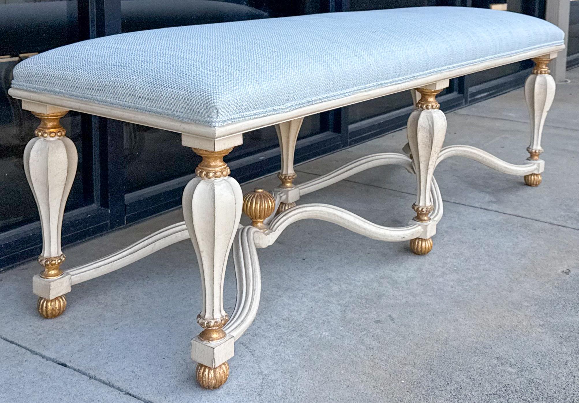 20th-C. Italian Rococo Style Carved & Painted Giltwood Six Leg Bench / Ottoman For Sale 1