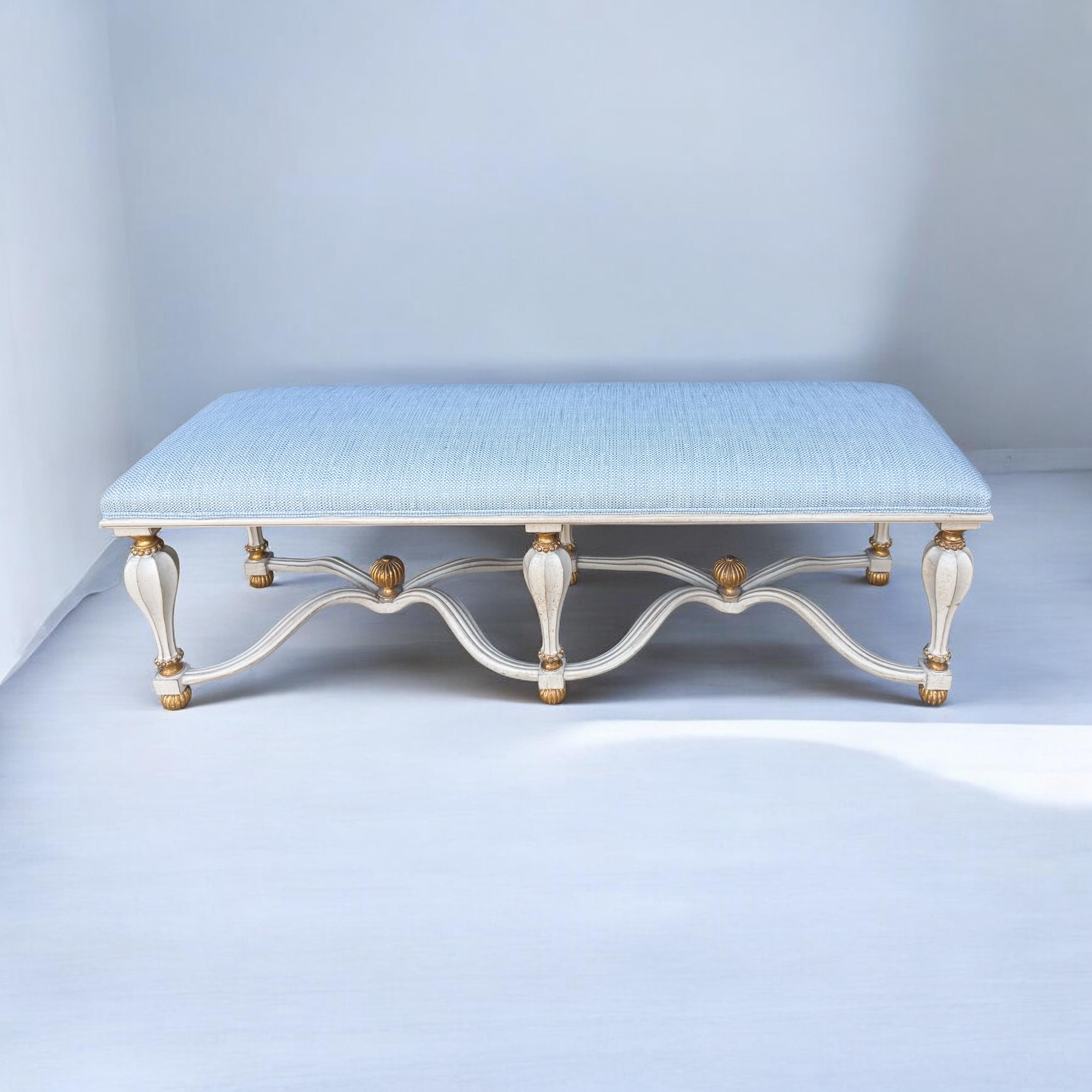 20th-C. Italian Rococo Style Carved & Painted Giltwood Six Leg Bench / Ottoman For Sale 2