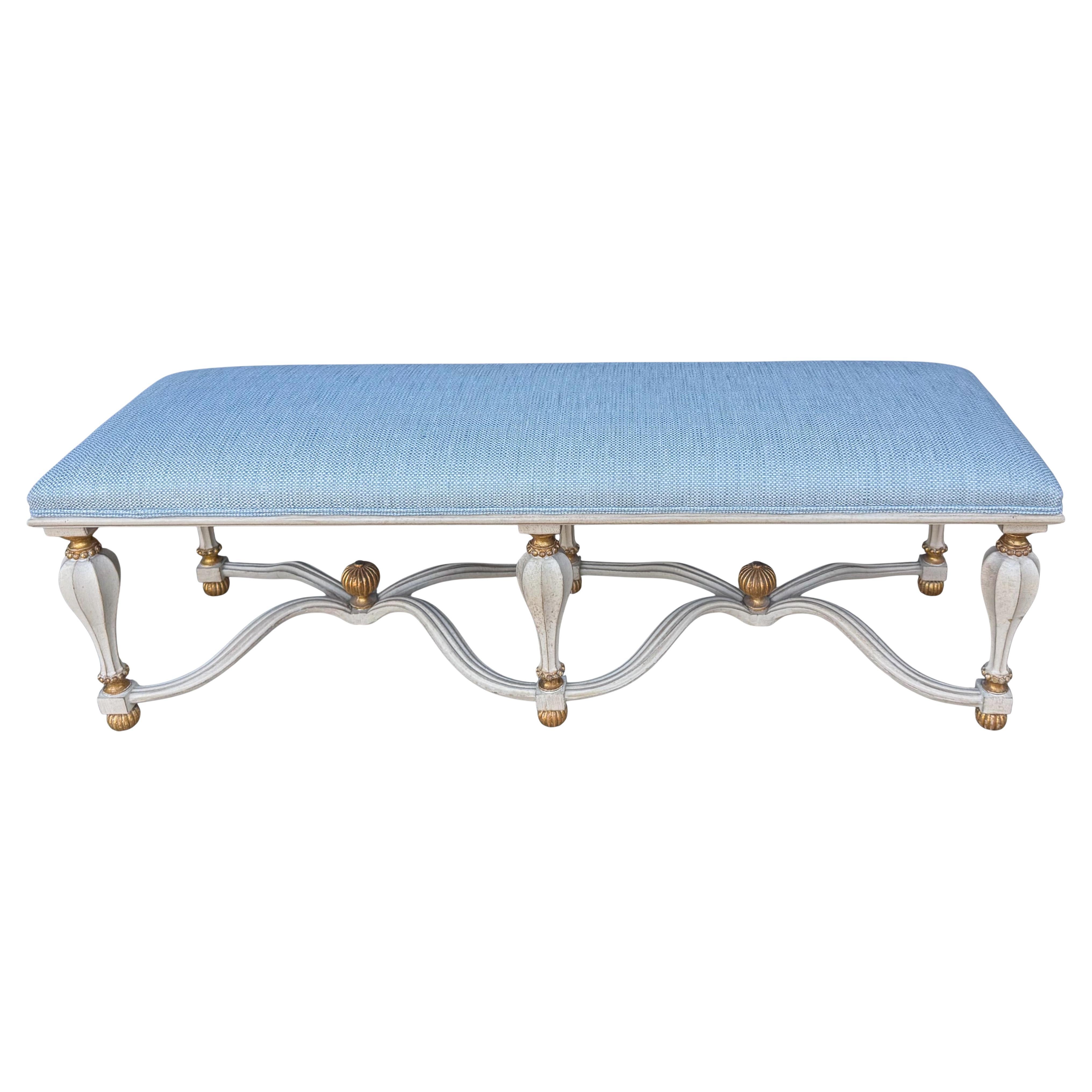 20th-C. Italian Rococo Style Carved & Painted Giltwood Six Leg Bench / Ottoman For Sale