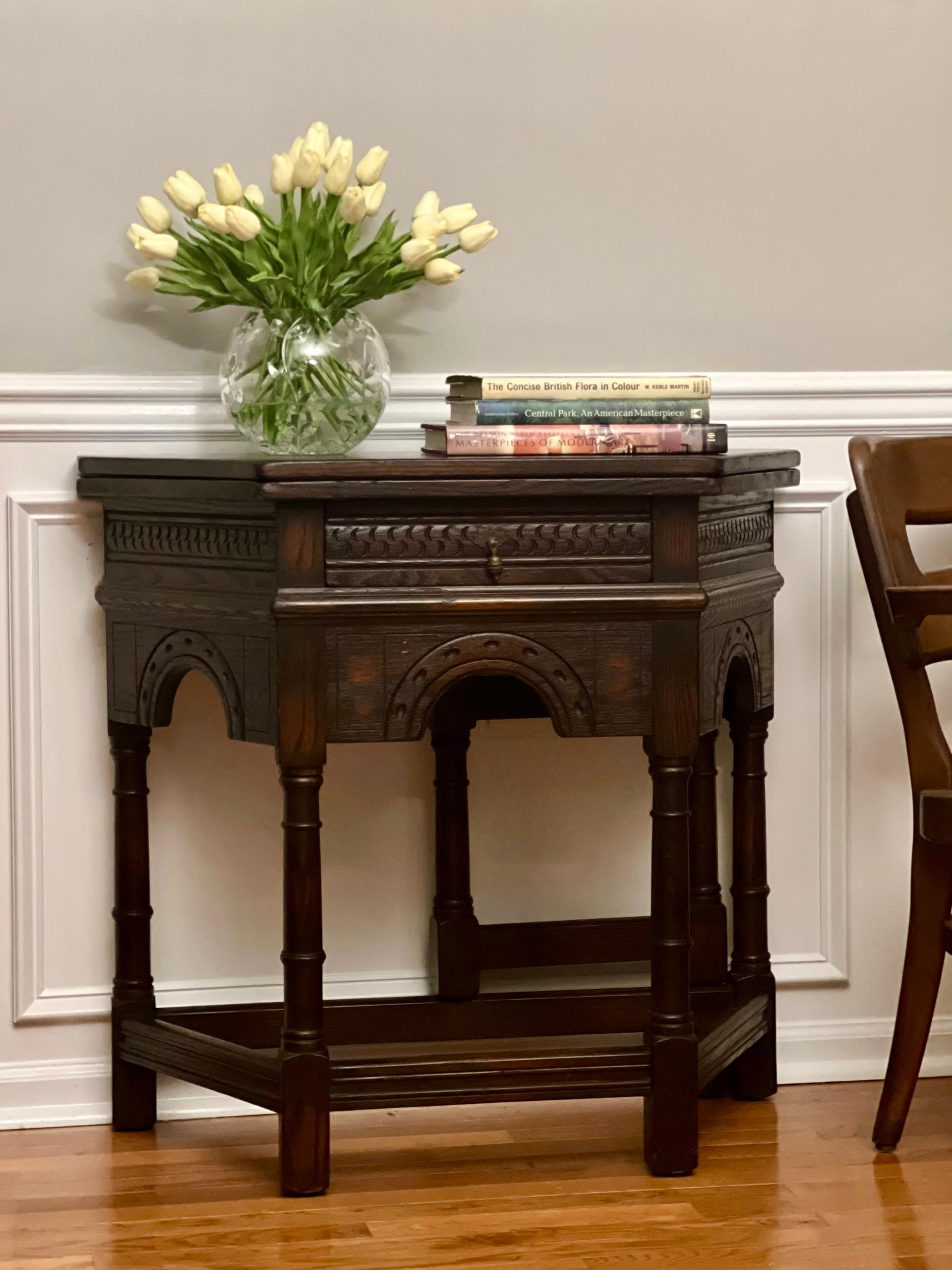 20th C. Jacobean Style Oak Flip-Top Console or Credence Table by Peck & Hills For Sale 11
