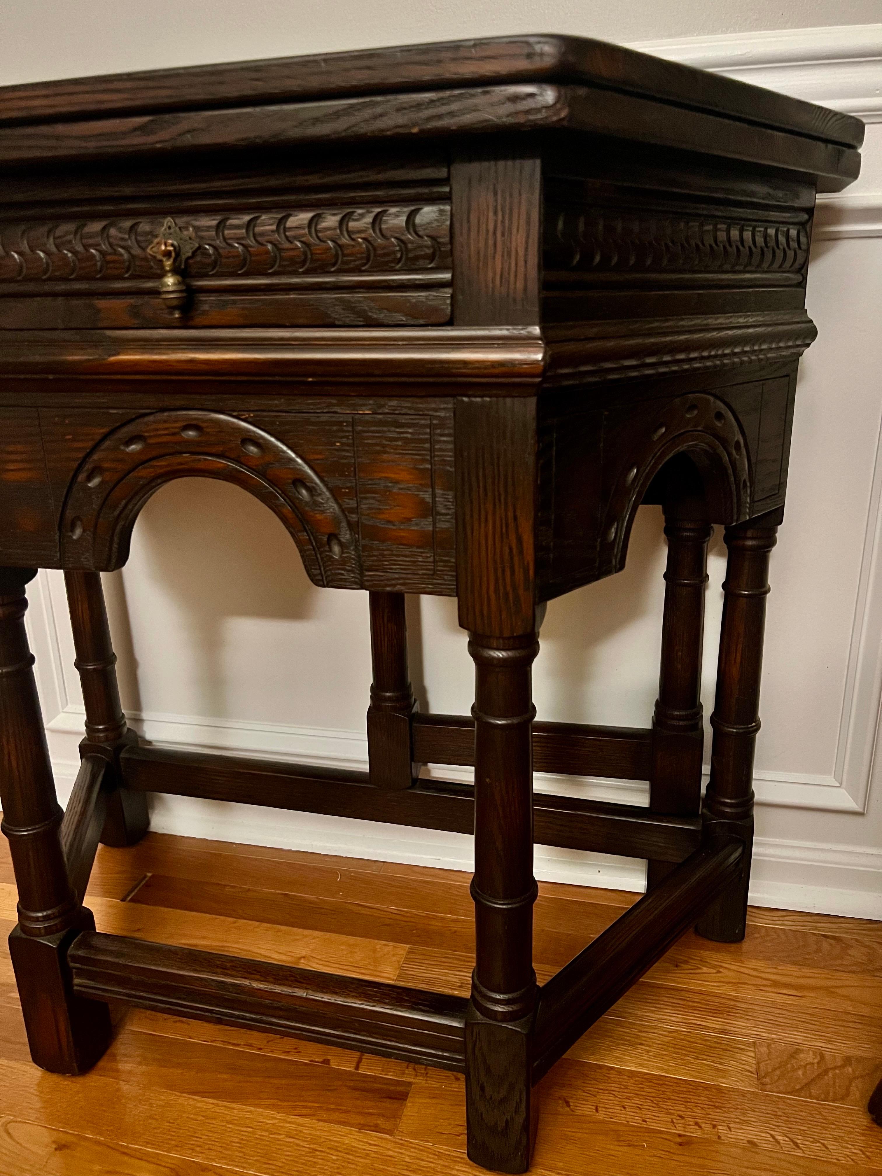 20th C. Jacobean Style Oak Flip-Top Console or Credence Table by Peck & Hills For Sale 4