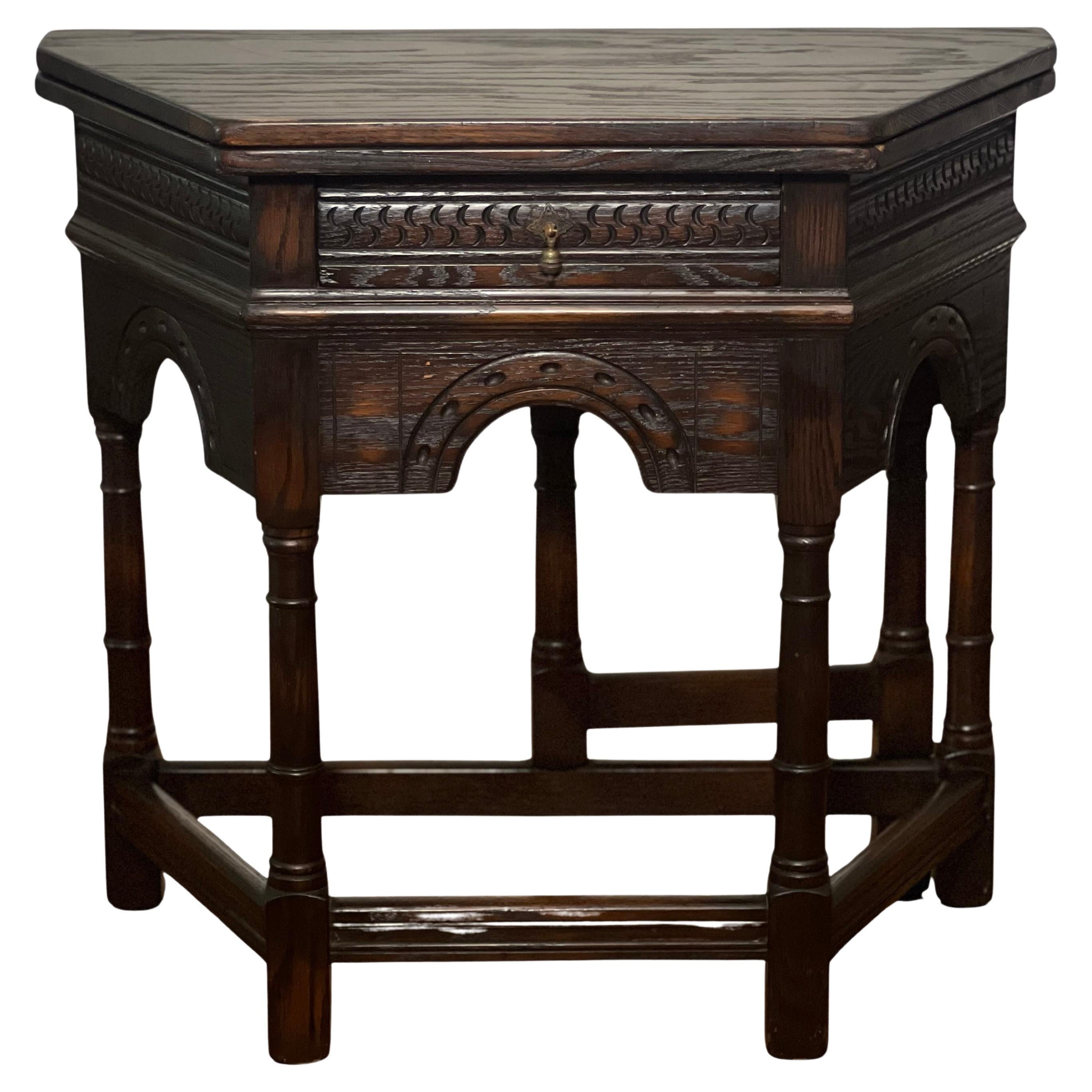 20th C. Jacobean Style Oak Flip-Top Console or Credence Table by Peck & Hills