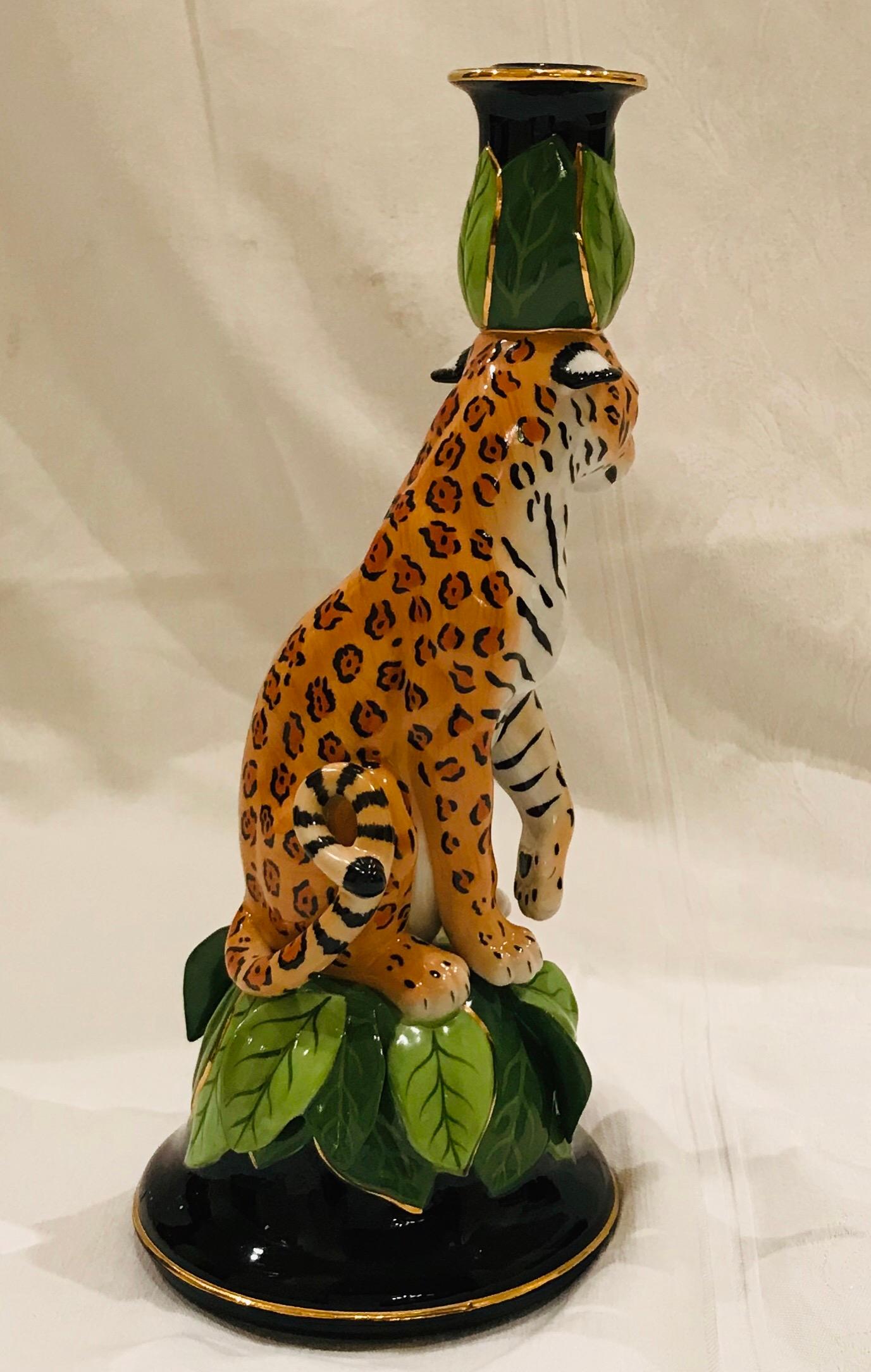 Gilt 20th Century “Jaguar Jungle” Ceramic Candleholder / Sculpture by Lynn Chase For Sale