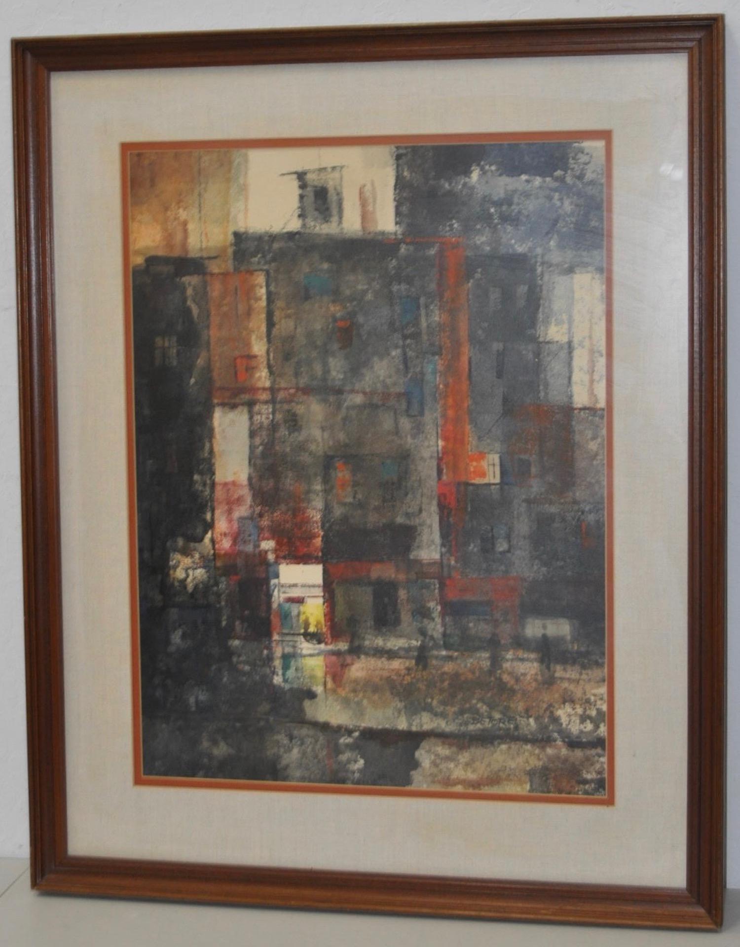 Mid-Century Modern watercolor by John De Tore, circa 1960s

Abstract cityscape. Signed lower right. Beautifully matted and framed.

Dimensions: 19 1/2 inches x 26 inches.

Frame dimensions 29 inches x 36 inches.

A native of Syracuse, John