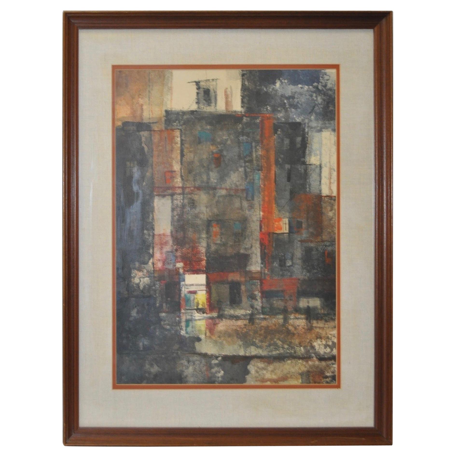 Aquarelle originale « Abstract Cityscape » de John De Tore datant du 20e siècle