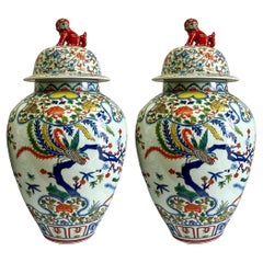 Vintage 20th-C. Large Chinese Export Bird Motif Ginger Jars Coral Foo Dog Finials, Pair