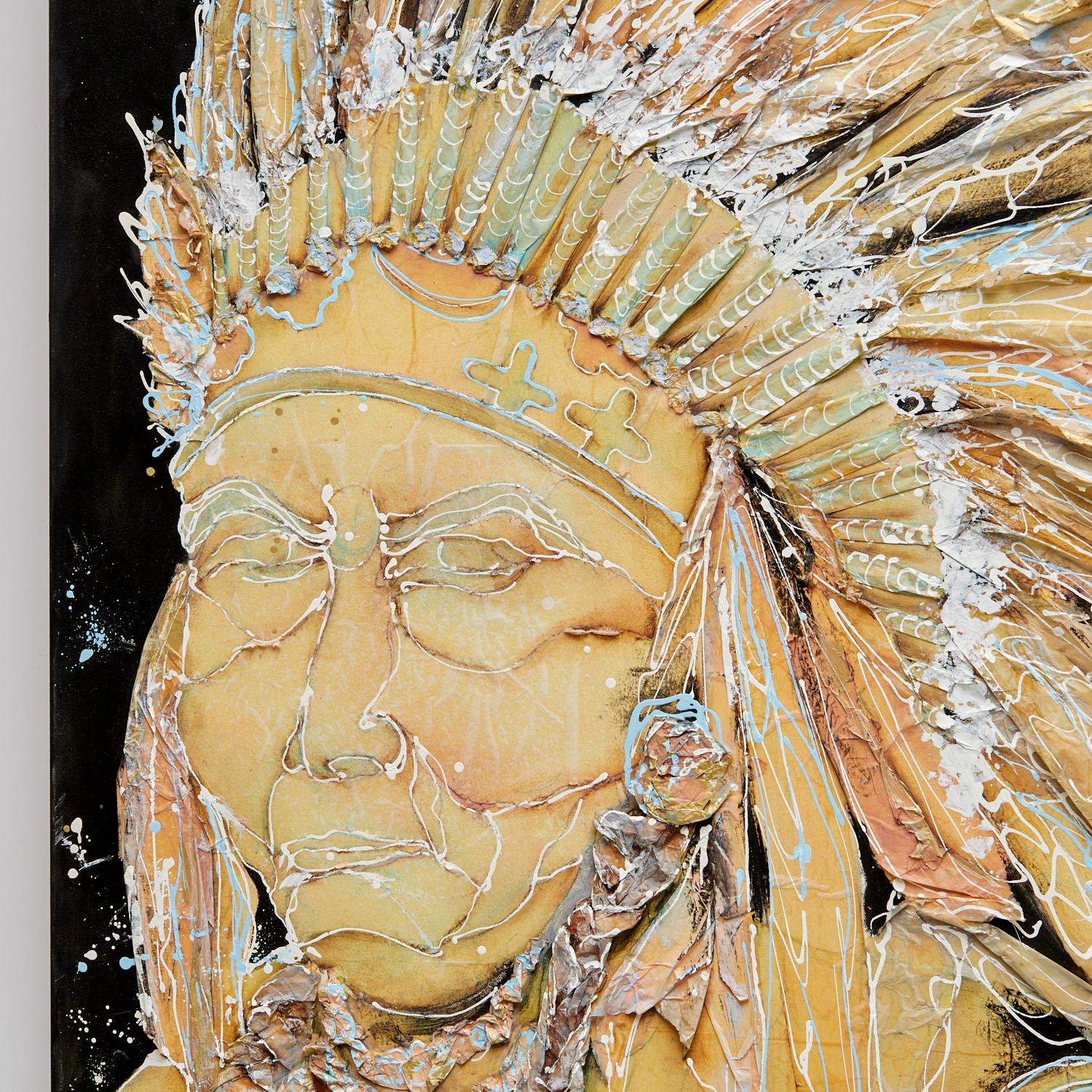Bettcher (20th c.), Portrait of a Native American Chief, oil on canvas and paper relief, signed 