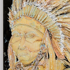 20th c. Large Collage of Native American Chief, Oil on Canvas and Paper Relief