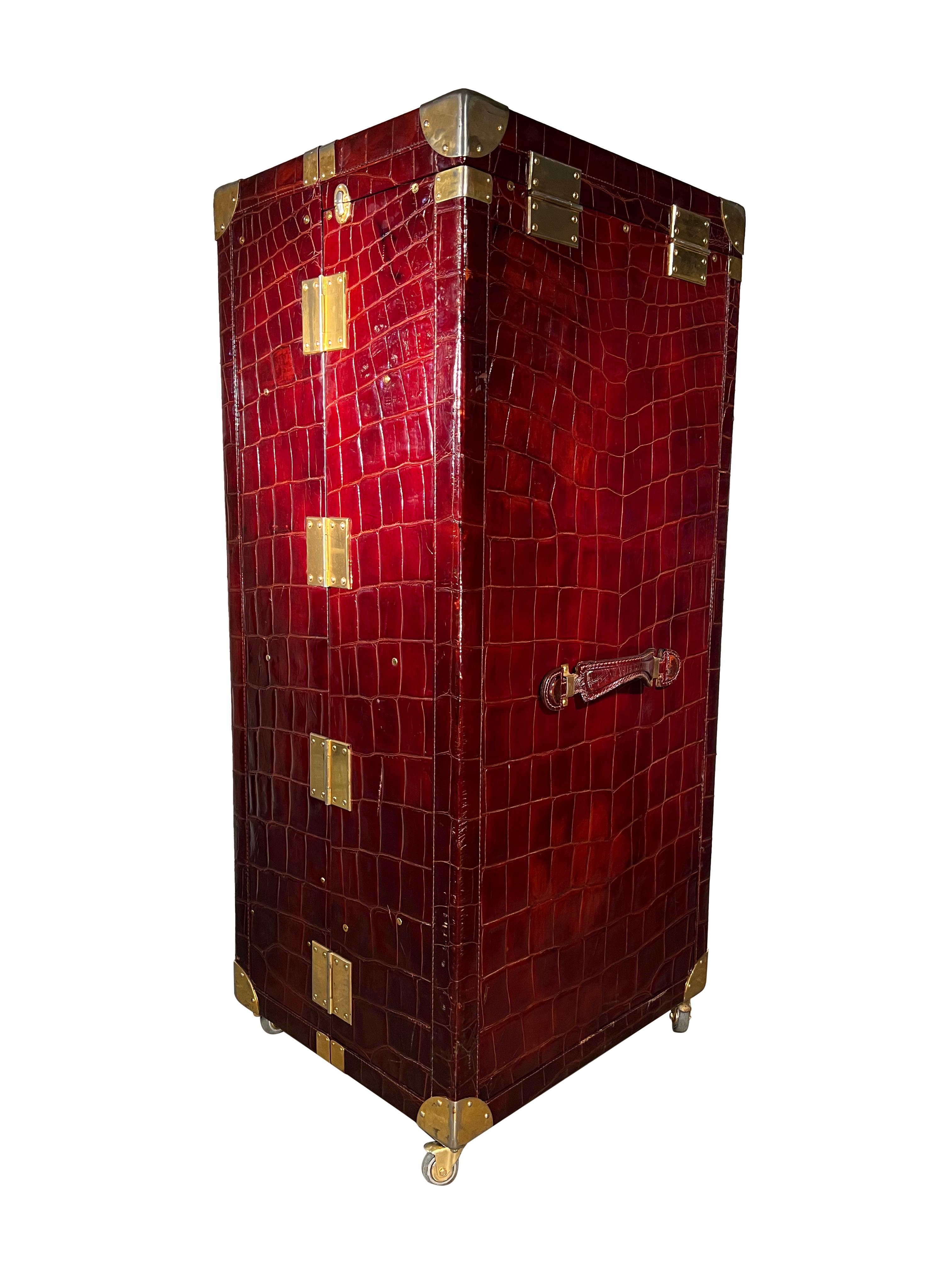 Mid-Century Modern 20th Century Large Exotic Embossed Leather Vertical Valet Wardrobe Trunk For Sale