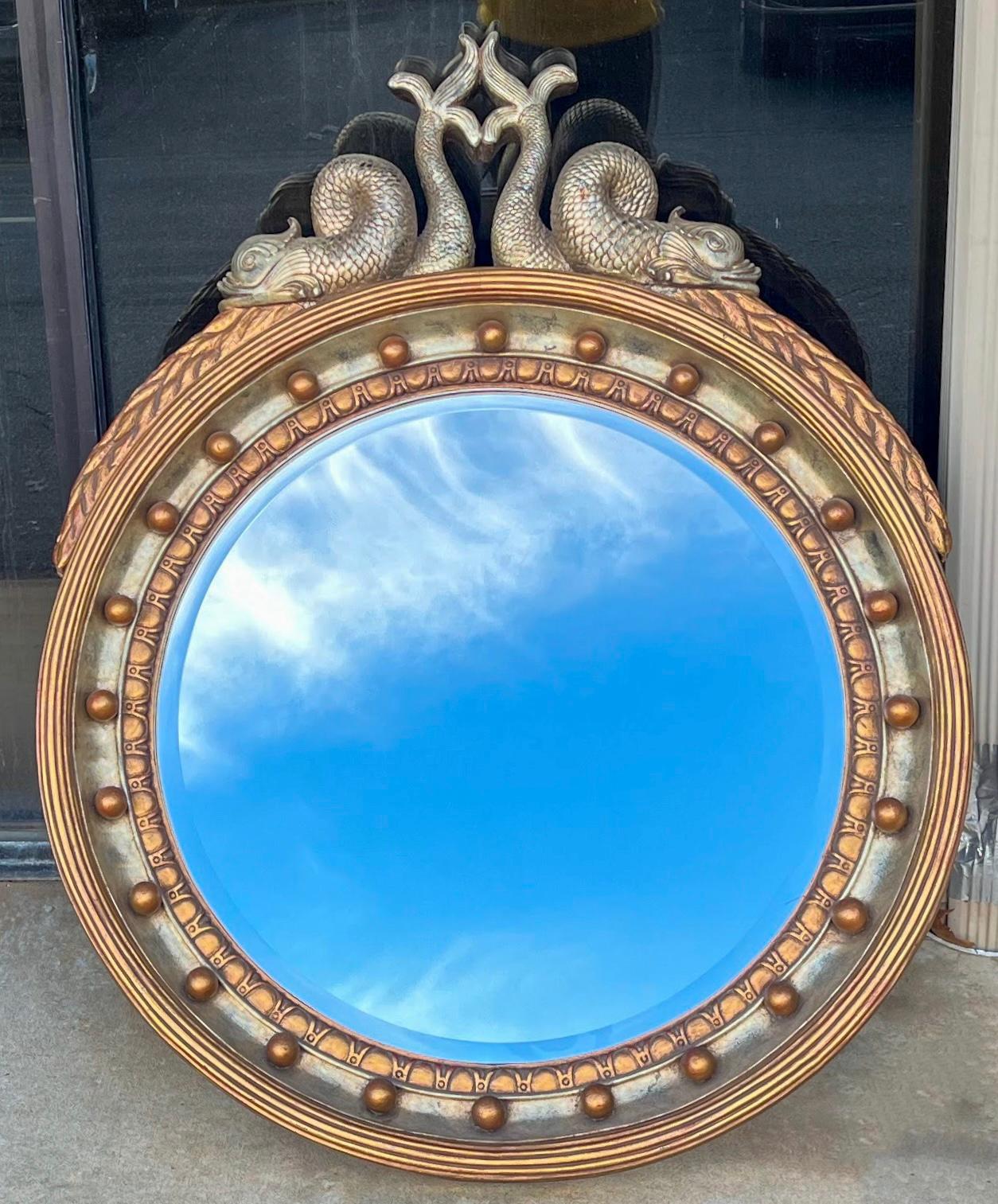 20th-C. Large Scale Neo-Classical & Federal Style Gilded Round Wall Mirror 1