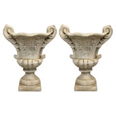 20th-C. Large Scale Neo-Classical Style Cast Stone Urn Form Planters -Pair