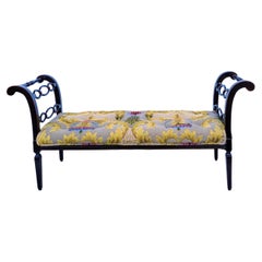20th-C. Large Scale Painted Black Lacquer Regency Style Bench