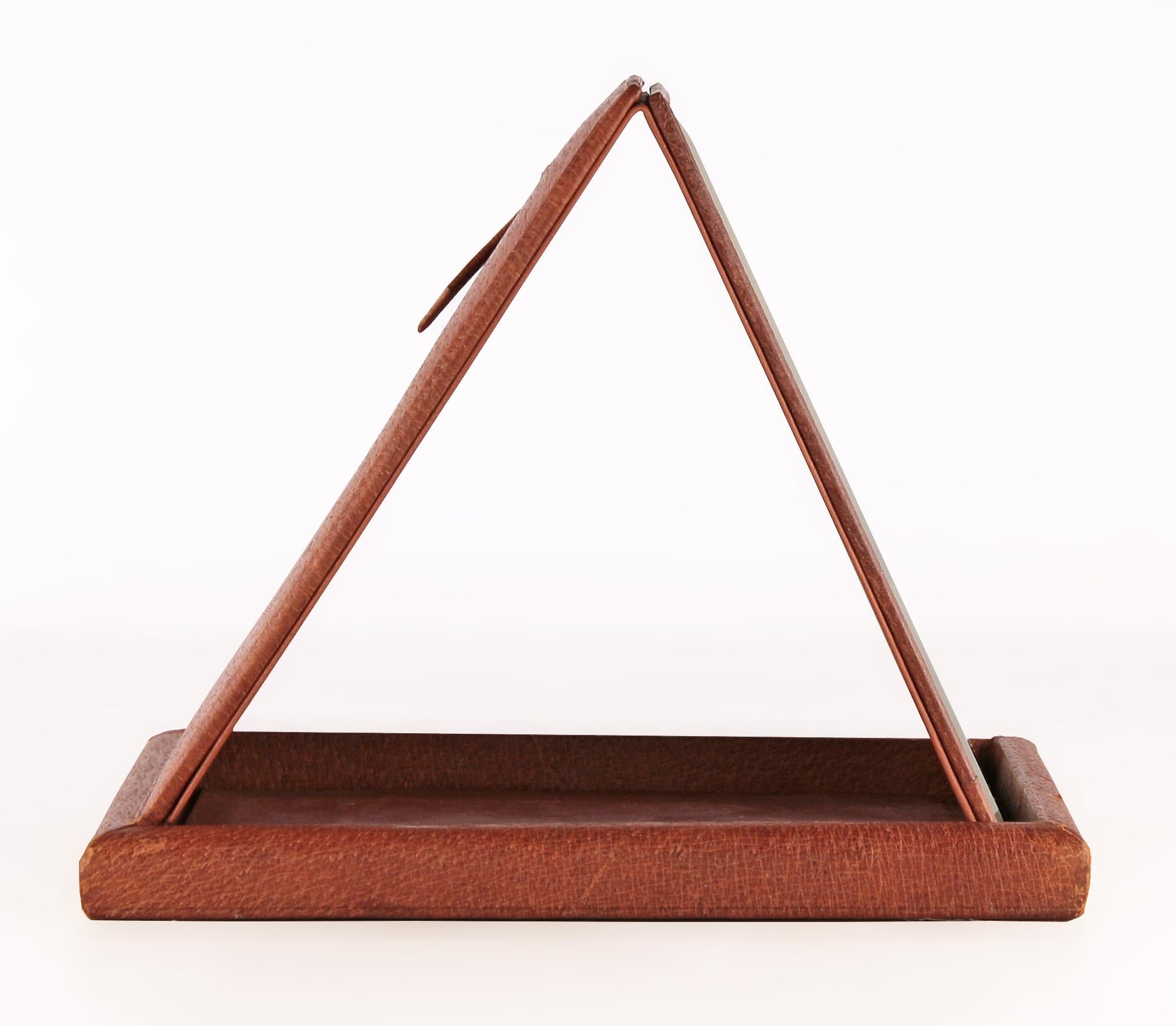 Polished 20th C. Leather and Wood Foldable Beveled Mirror by French Brand Hermès Paris