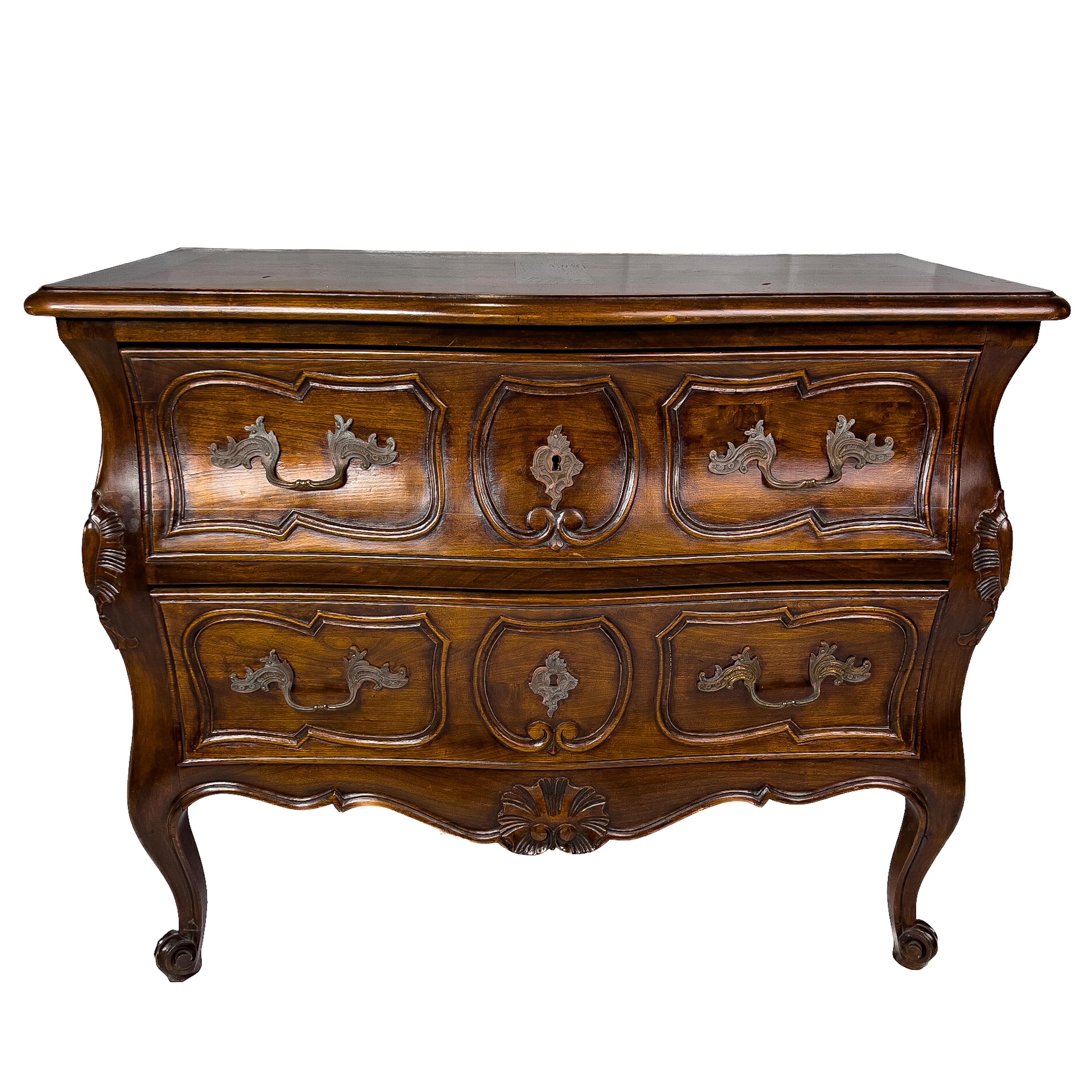 20th C. Louis XV Style French commode with a serpentine front, carved detail and cabriole legs.