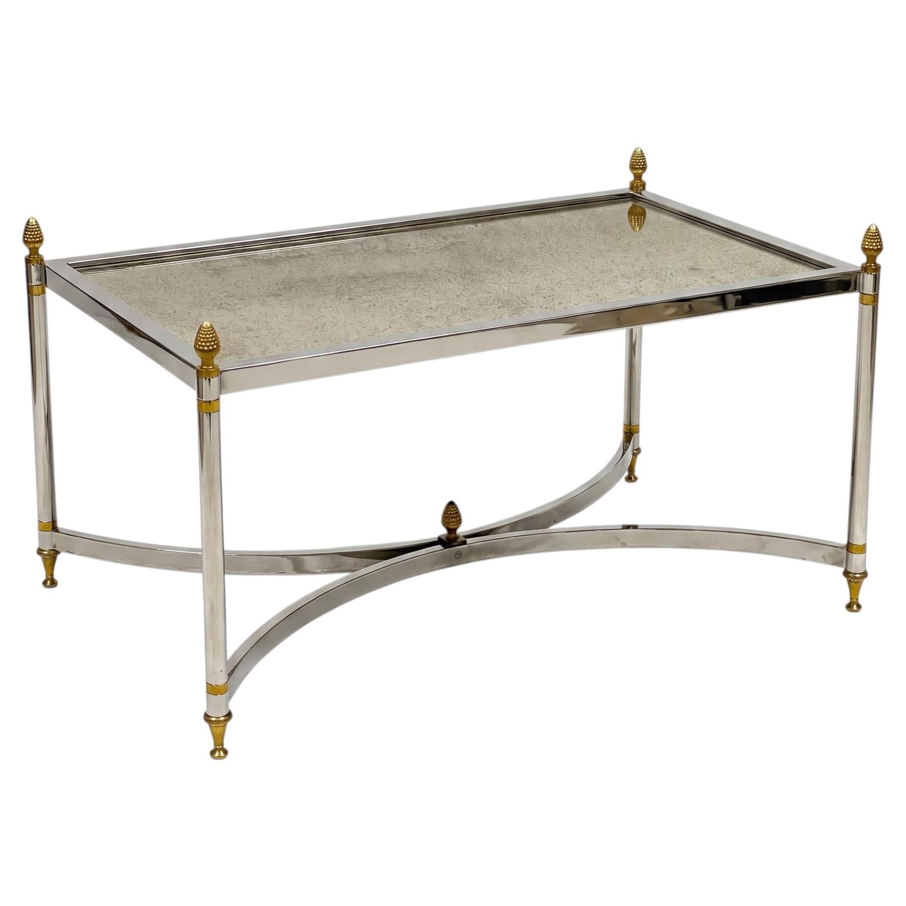20th-C. Maison Jansen Inspired Chrome And Brass Coffee Table W/ Mirror Or Glass