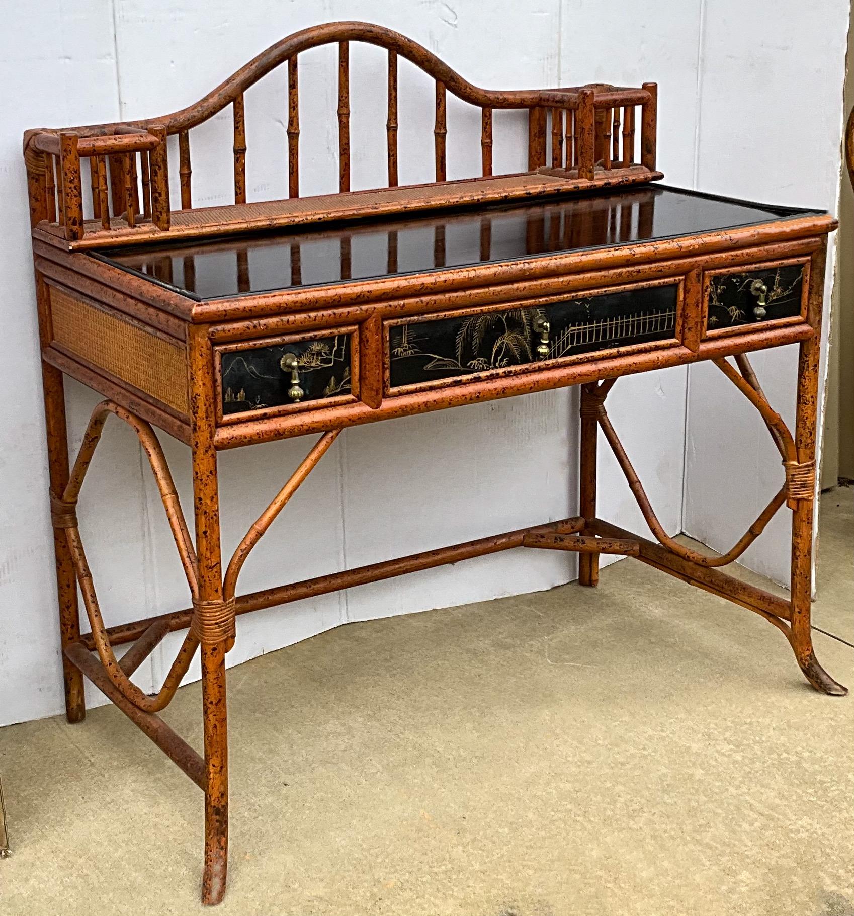 Aesthetic Movement 20th-C. Maitland -Smith Chinoiserie Faux Burnt Bamboo Desk And Chair 
