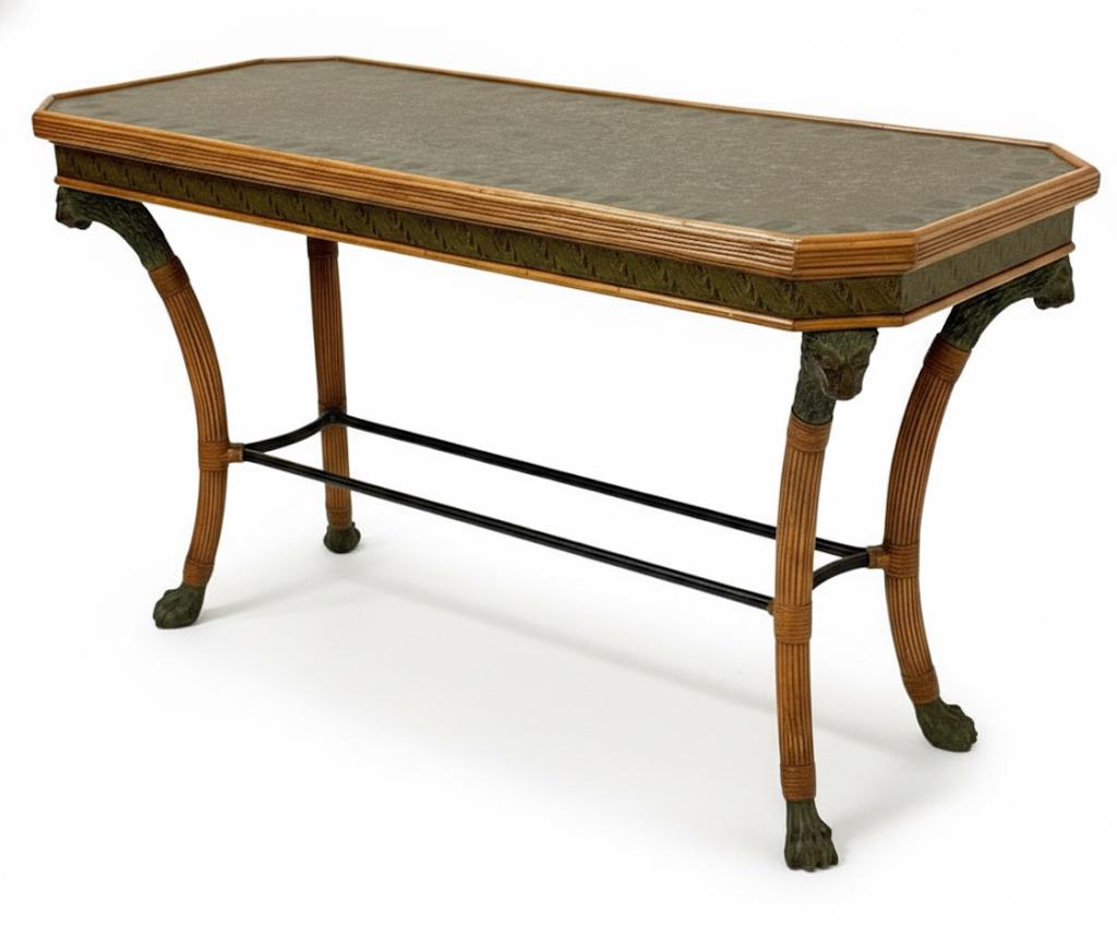 20-C. Maitland Smith Mesa consola de ratán de estilo neoclásico con leones de bronce Filipino en venta