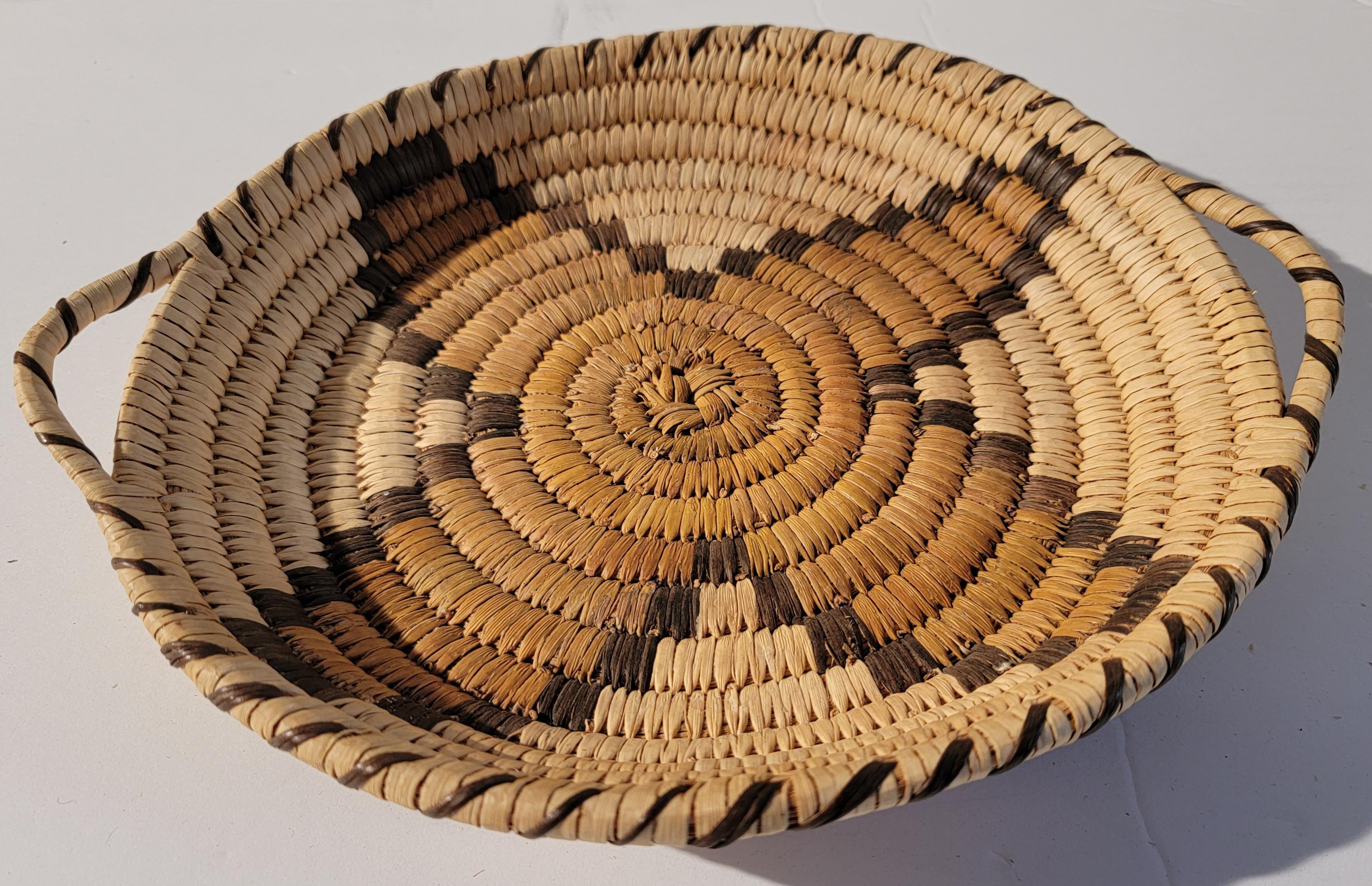 Hand-Woven 20th C Medium Hand Woven Papago Indian Tray with Handles For Sale
