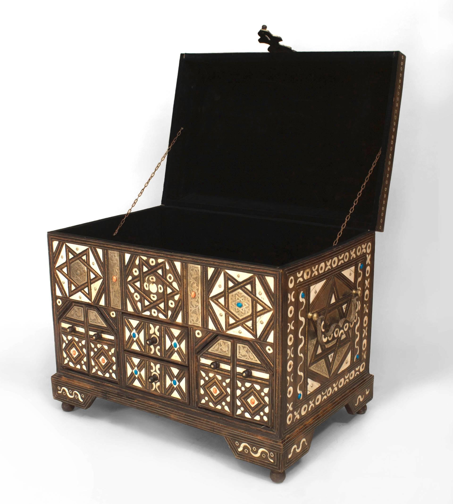 Middle Eastern Moroccan (20th Cent) floor trunk (Torah chest) with Jewish Star of David design & decorated with stones & trimmed with brass, metal, & with large side handles
