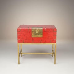 20th-C. Modern Chinese Red & Brass Box On Stand / Side Table