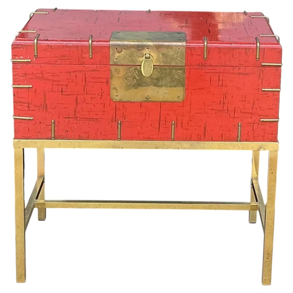 20th-C. Modern Chinese Red & Brass Box On Stand / Side Table For Sale