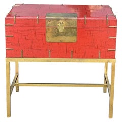 20th-C. Modern Chinese Red & Brass Box On Stand / Side Table