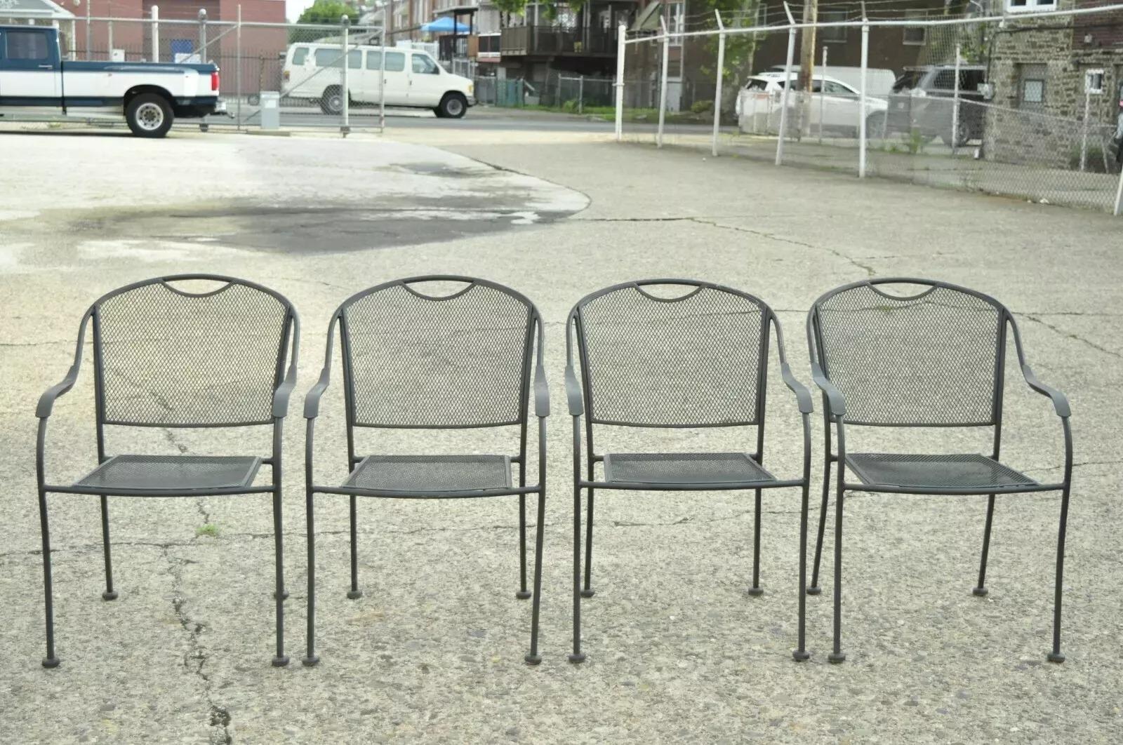 20th C Modern Wrought Iron Sculptural Black Outdoor Arm Chairs - Set of 4 For Sale 7
