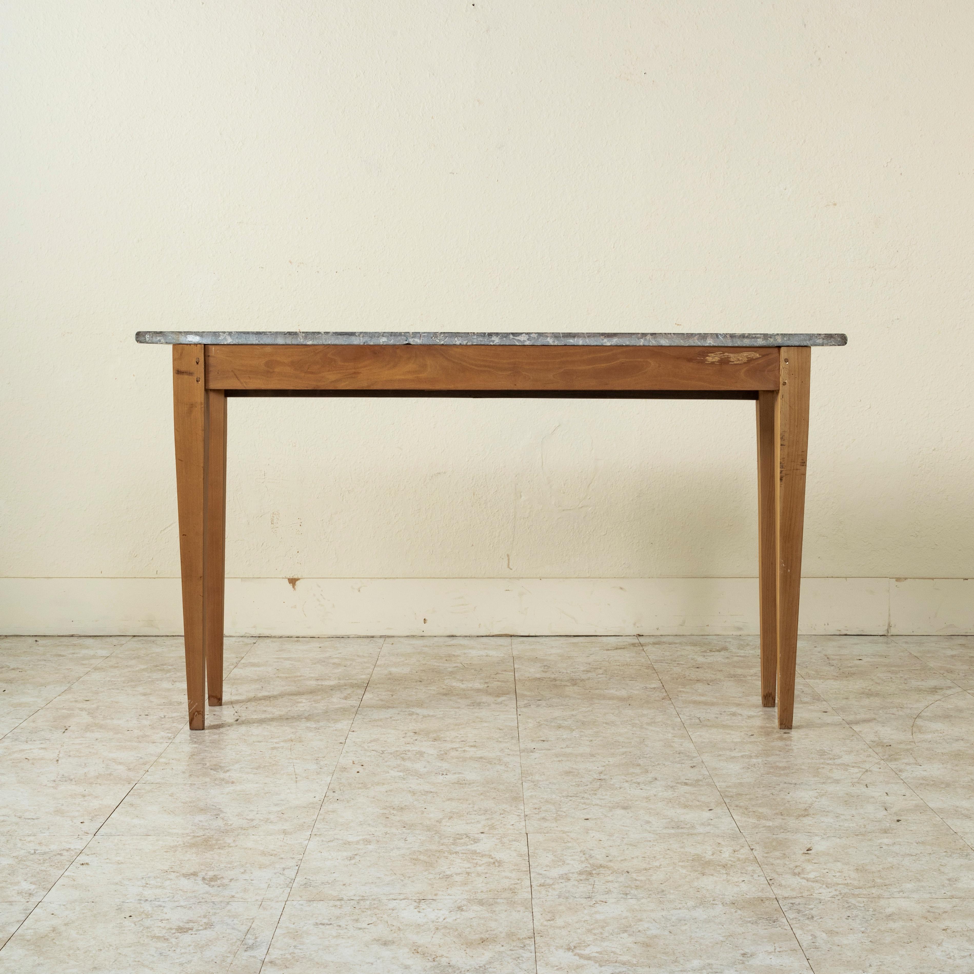 Iron 20th C. Narrow French Artisan-Made Cherrywood and Marble Console or Sofa Table