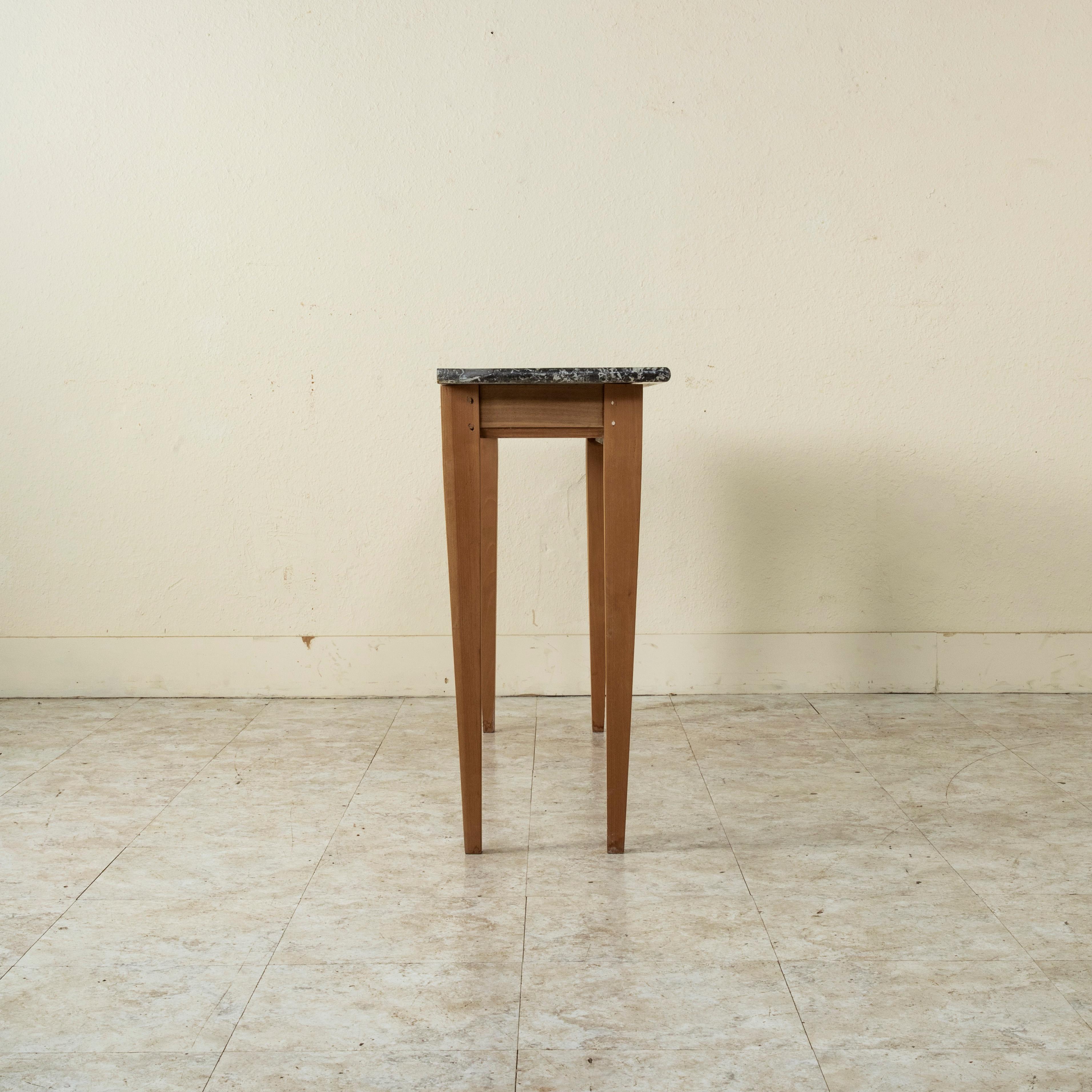 20th C. Narrow French Artisan-Made Cherrywood and Marble Console or Sofa Table 1