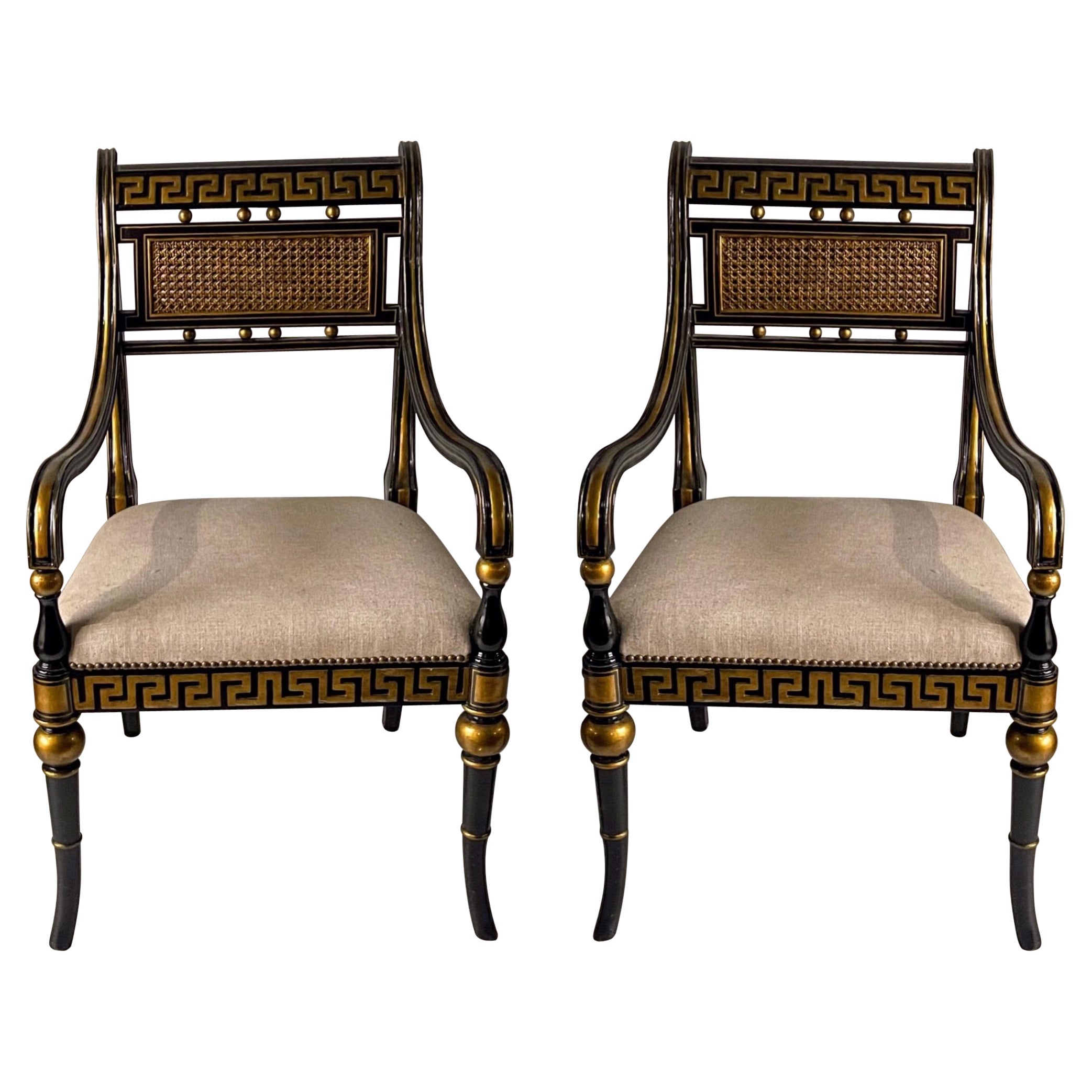 20th-C. Neo-Classical Style Black Lacquer and Gilt Arm Chairs, Pair