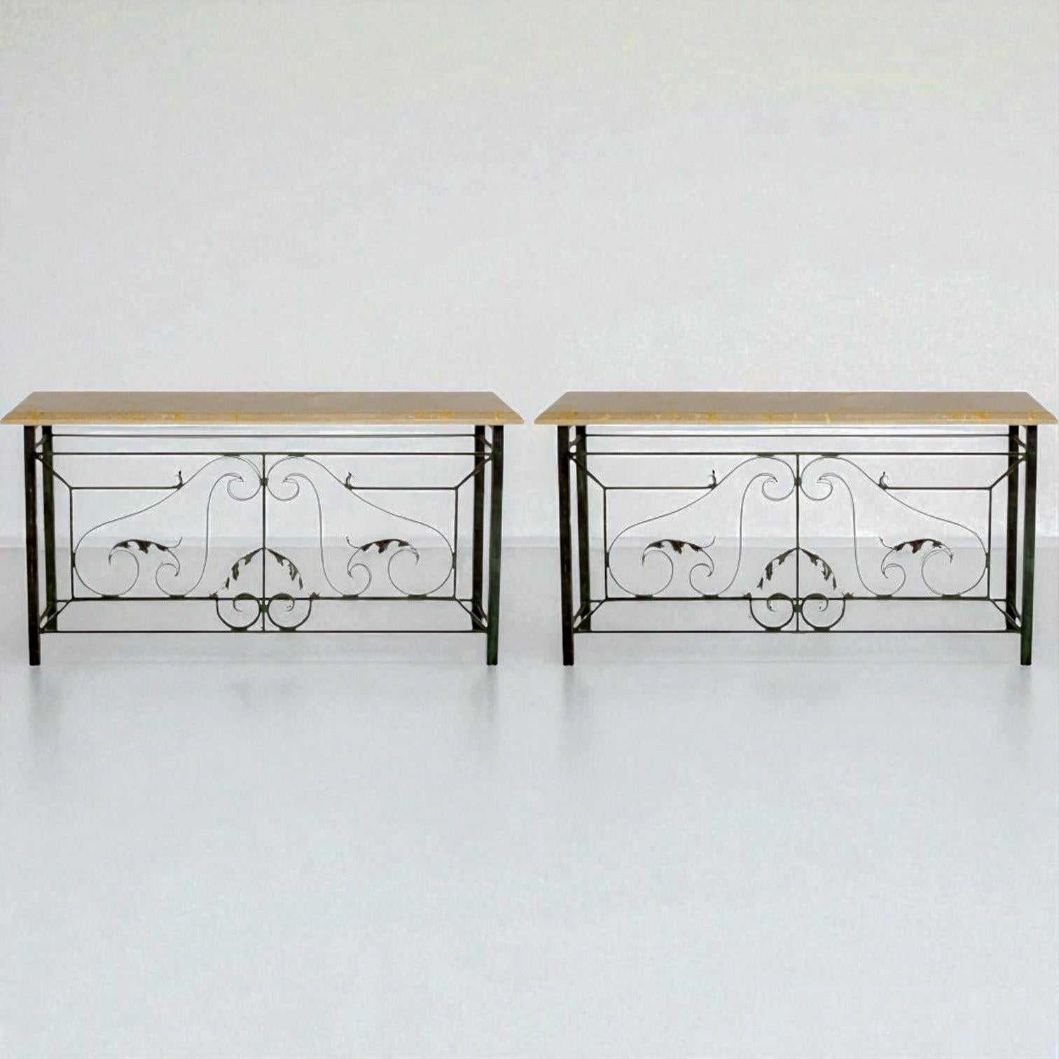 Metal 20th-C. Neo-Classical Style Faux Bronze And Cast Stone Console Tables - Pair For Sale