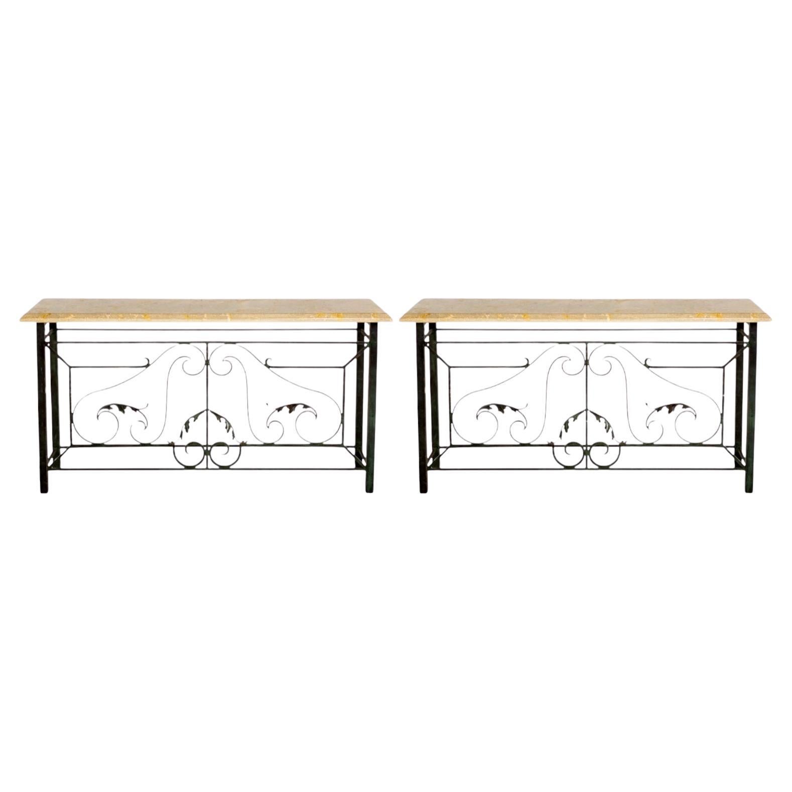 20th-C. Neo-Classical Style Faux Bronze And Cast Stone Console Tables - Pair For Sale