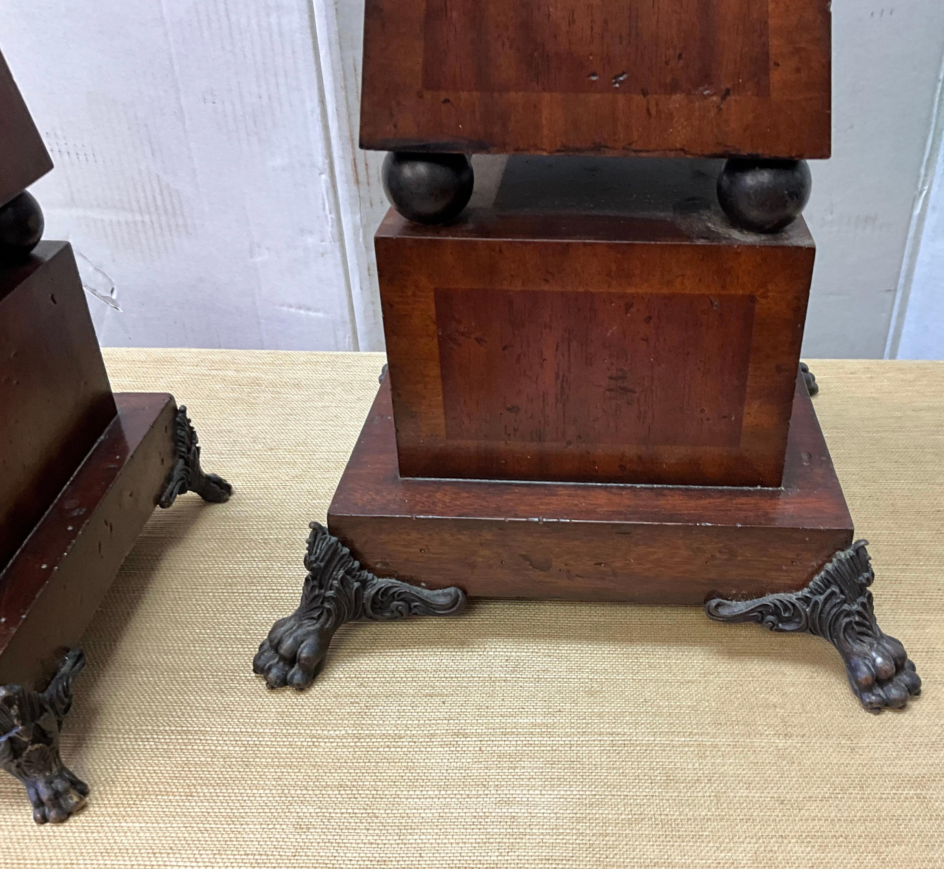 Neoclassical 20th-C. Neo-Classical style Inlaid Mahogany And Bronze Obelisks - S/2 For Sale