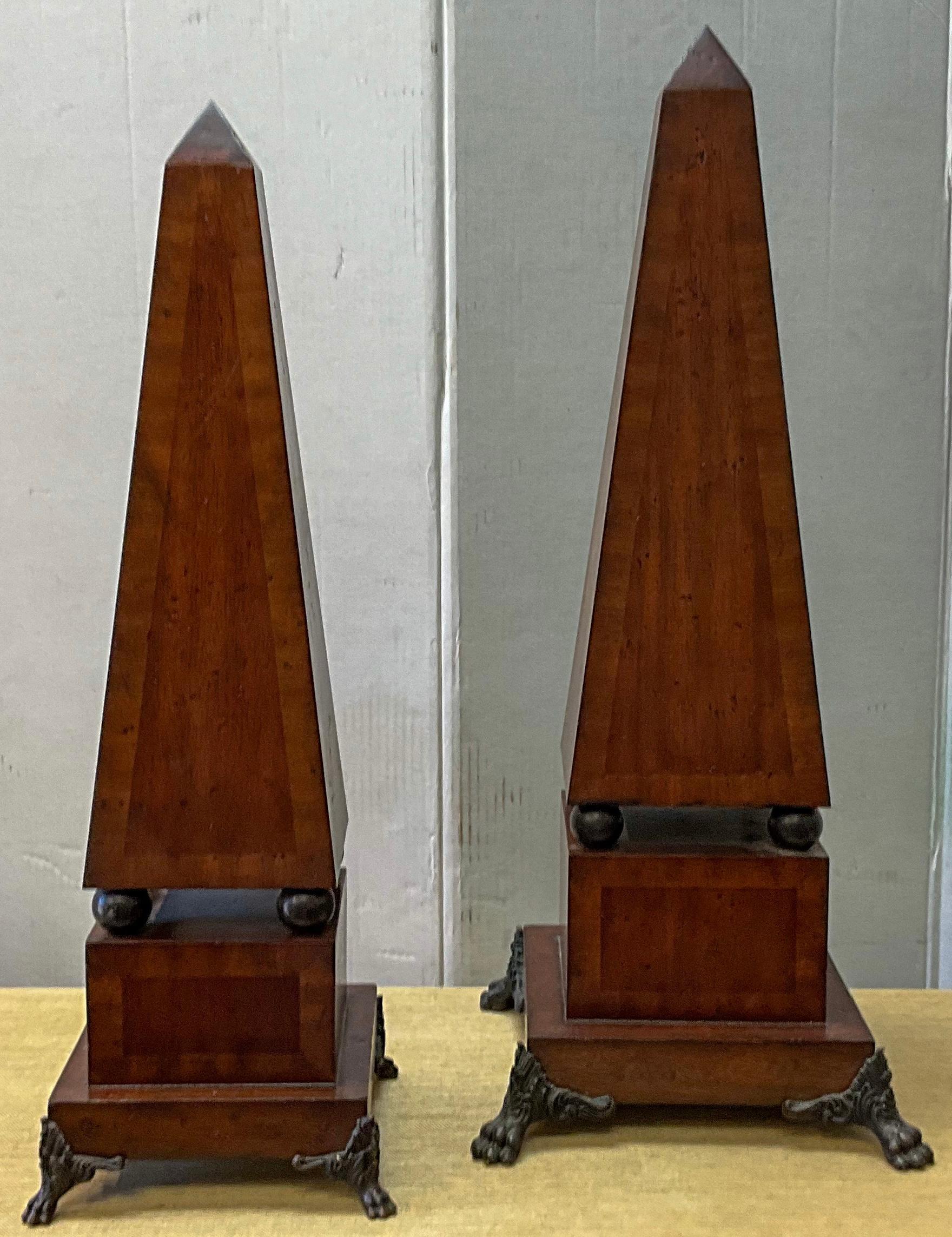 American 20th-C. Neo-Classical style Inlaid Mahogany And Bronze Obelisks - S/2 For Sale