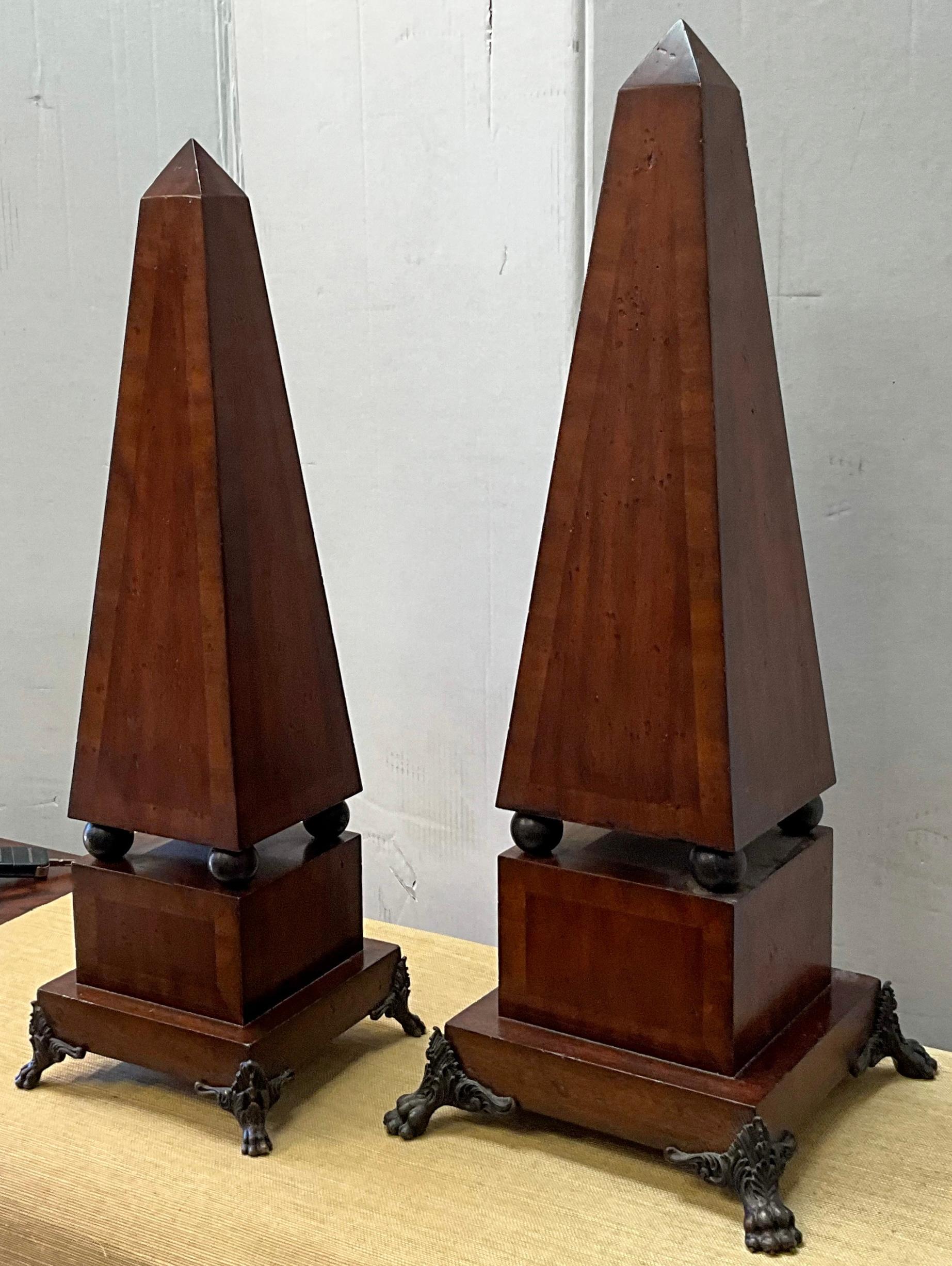 20th-C. Neo-Classical style Inlaid Mahogany And Bronze Obelisks - S/2 In Good Condition For Sale In Kennesaw, GA